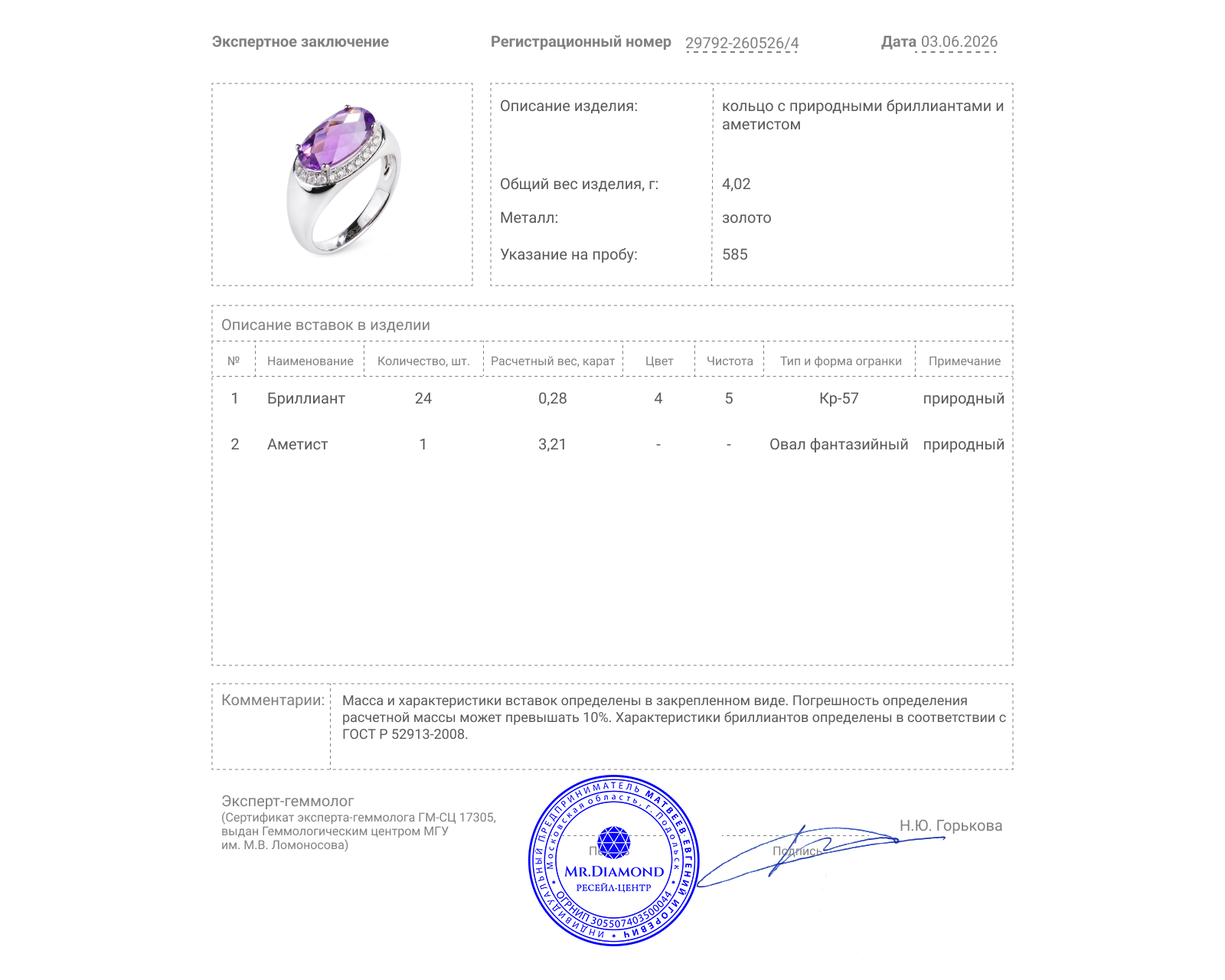 Золотое кольцо с аметистом 3.21ct и бриллиантами 0.28ct
