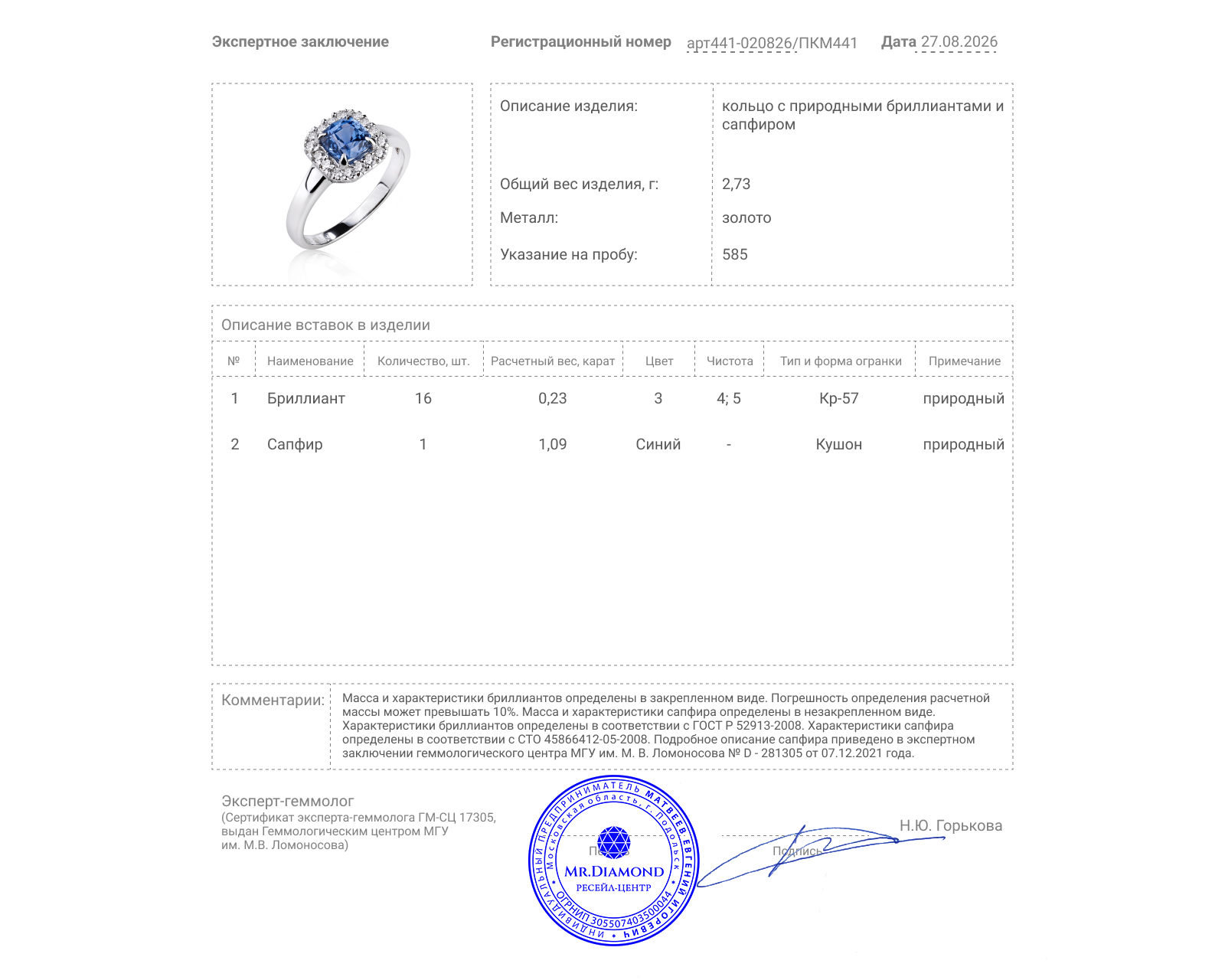 Золотое кольцо с сапфиром 1.09ct и бриллиантами 0.23ct