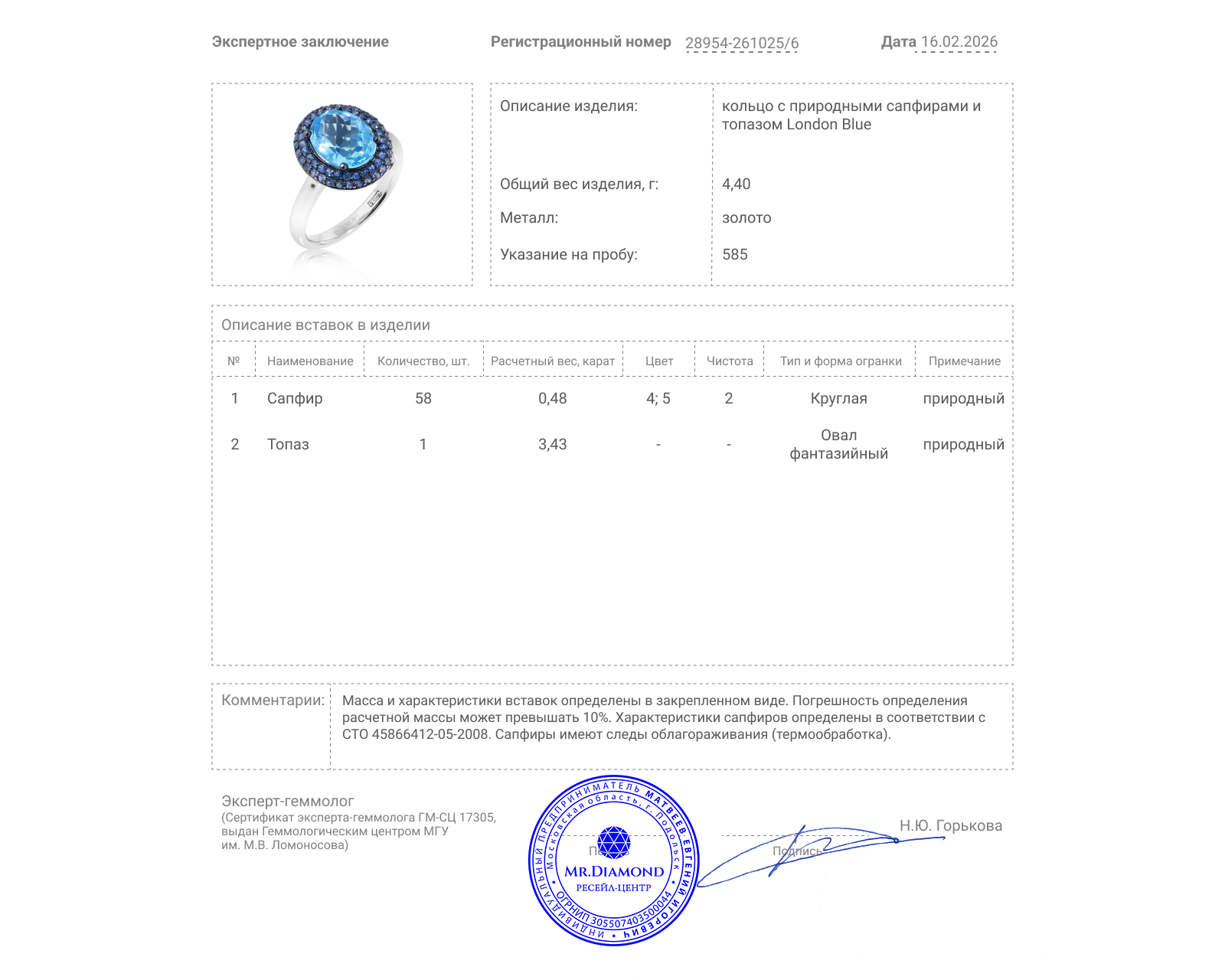 Золотое кольцо с топазом 3.43ct и сапфирами 0.48ct