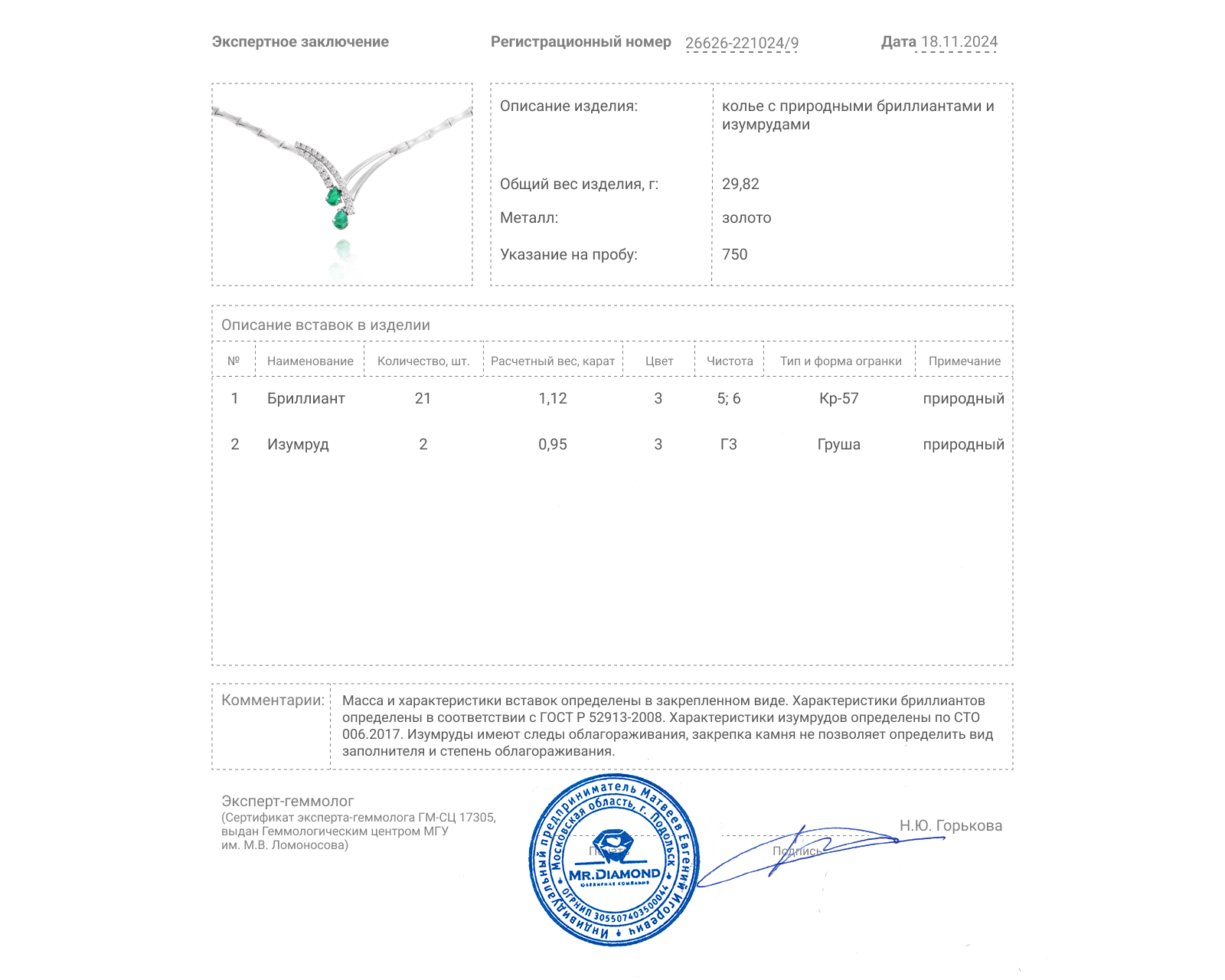 Золотое колье с изумрудами 0.95ct и бриллиантами 1.12ct