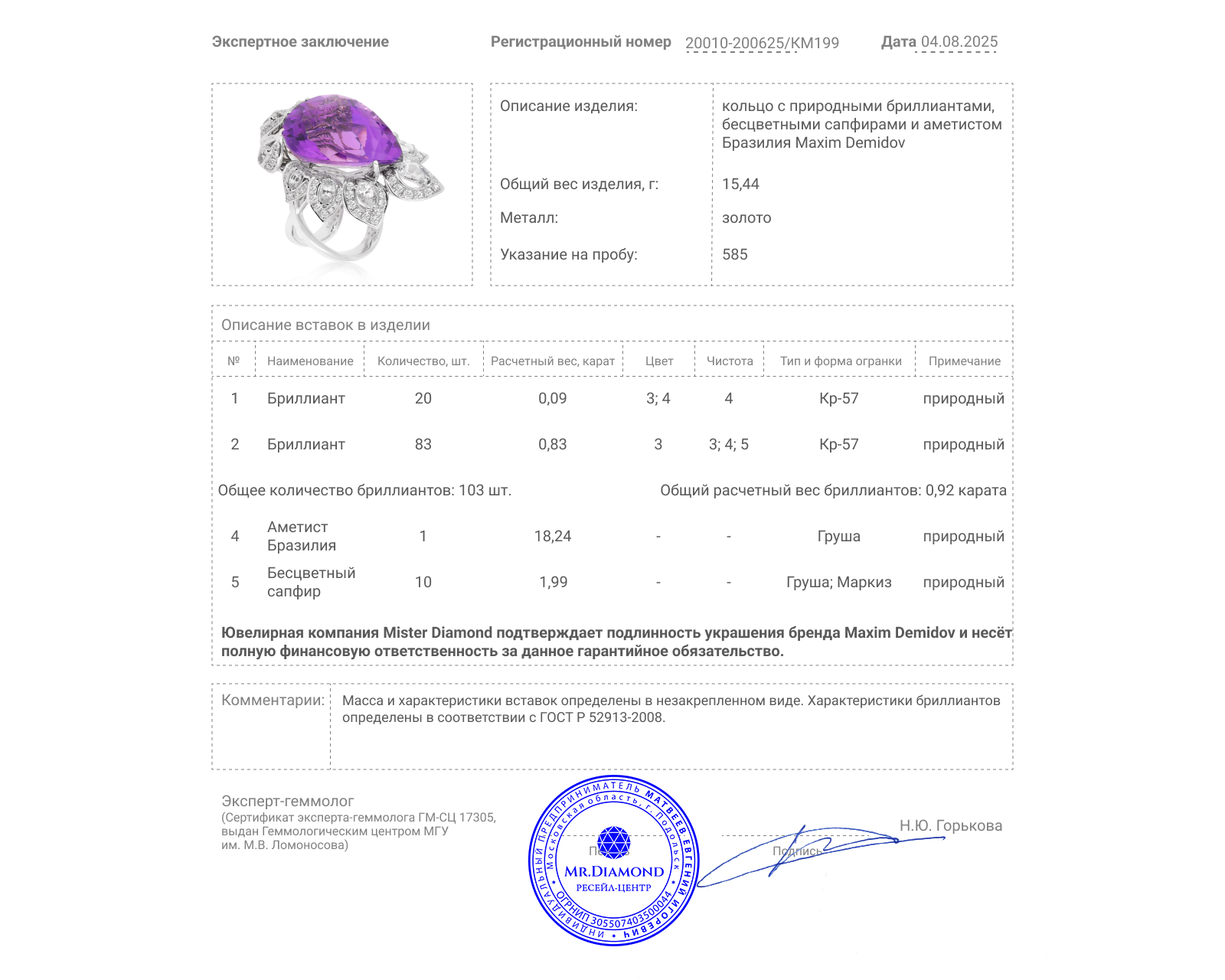 Оригинальное золотое кольцо с аметистом Бразилия 18.24ct Maxim Demidov
