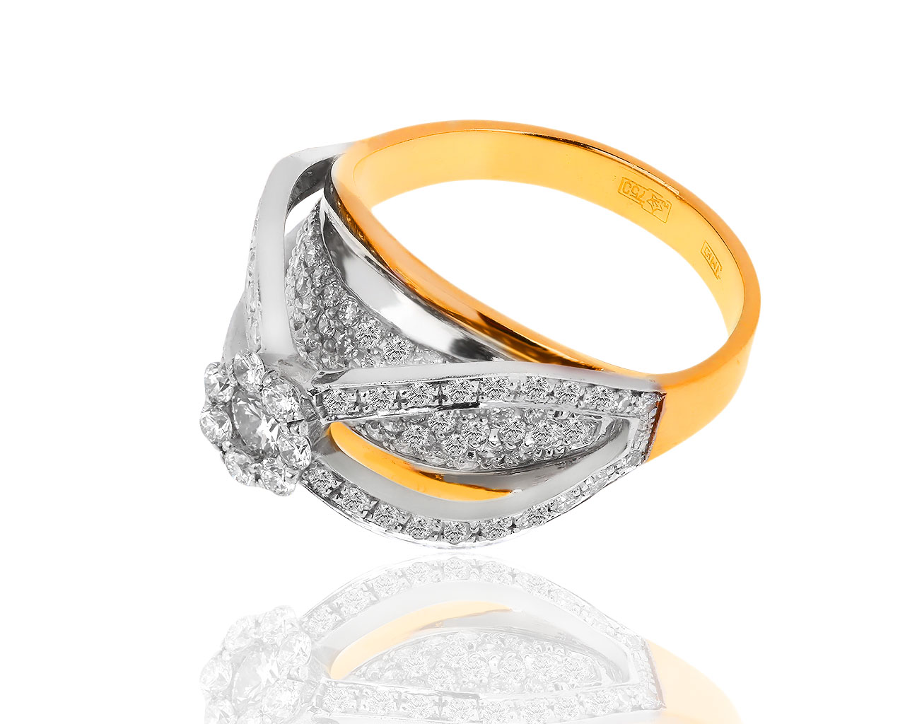 Интересное золотое кольцо с бриллиантами 1.10ct