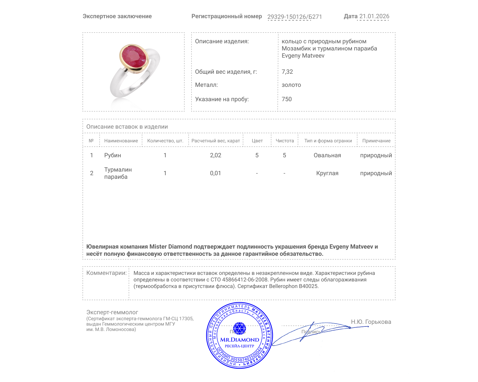 Золотое кольцо с рубином Мозамбик 2.02ct Evgeny Matveev