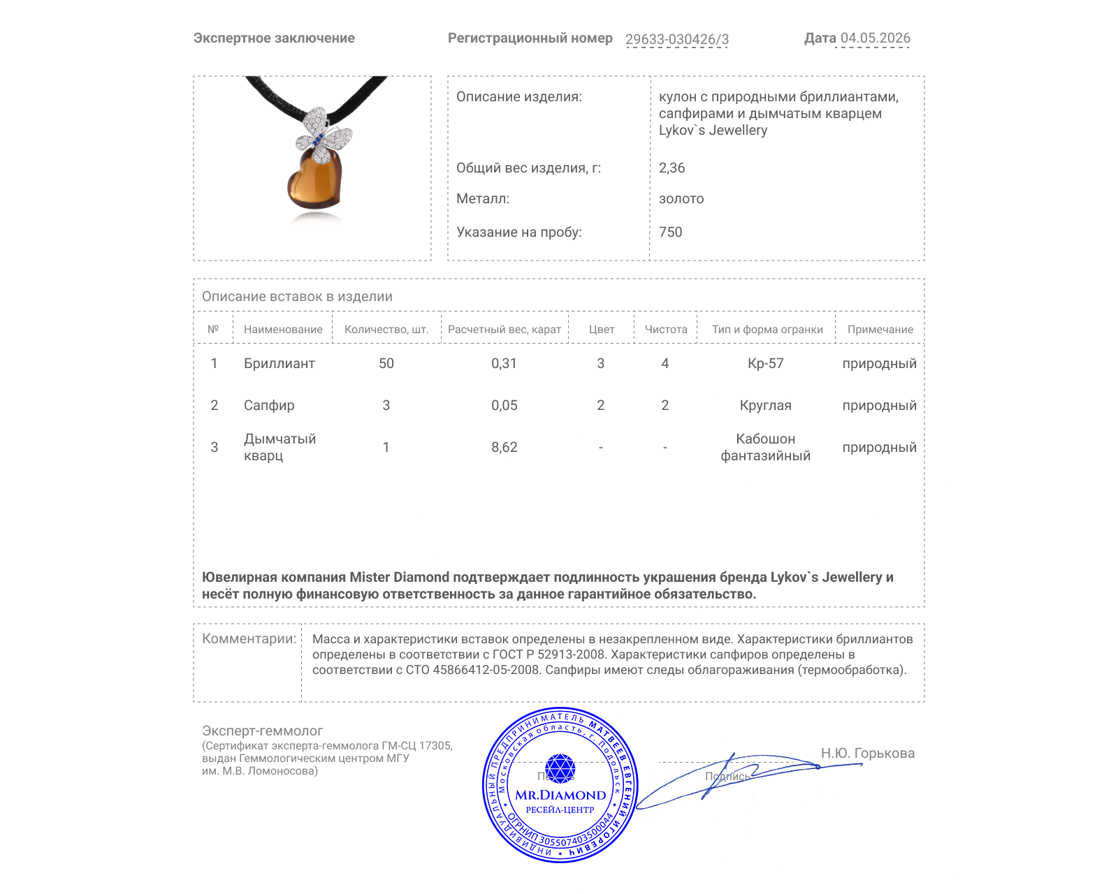 Оригинальный золотой кулон с дымчатым кварцем 8.62ct Lykov`s Jewellery