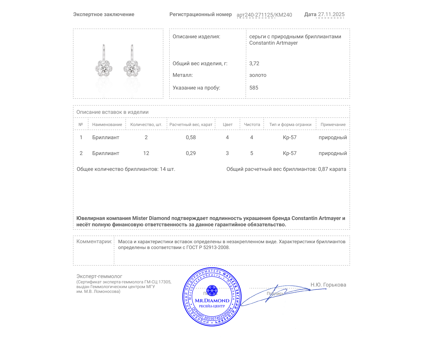 Оригинальные золотые серьги с бриллиантами 0.87ct Constantin Artmayer