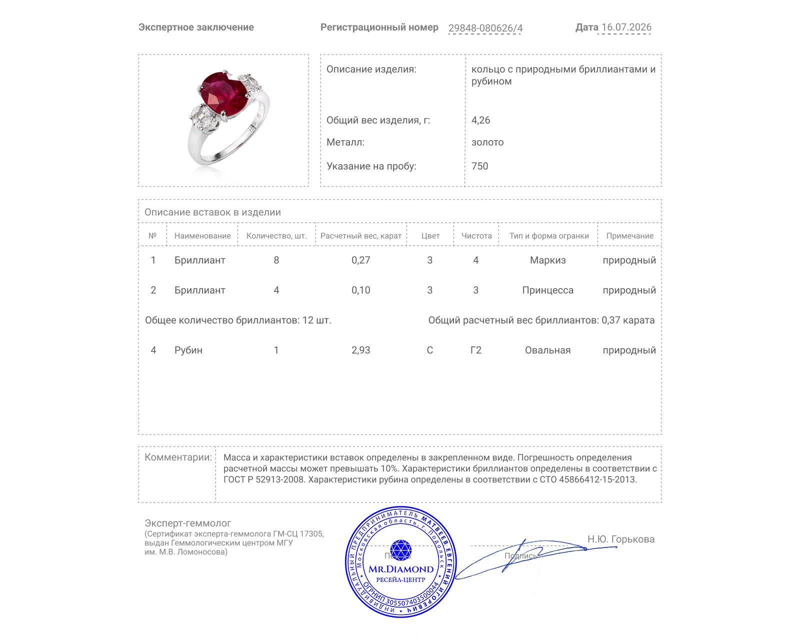 Золотое кольцо с рубином 2.93ct и бриллиантами 0.37ct