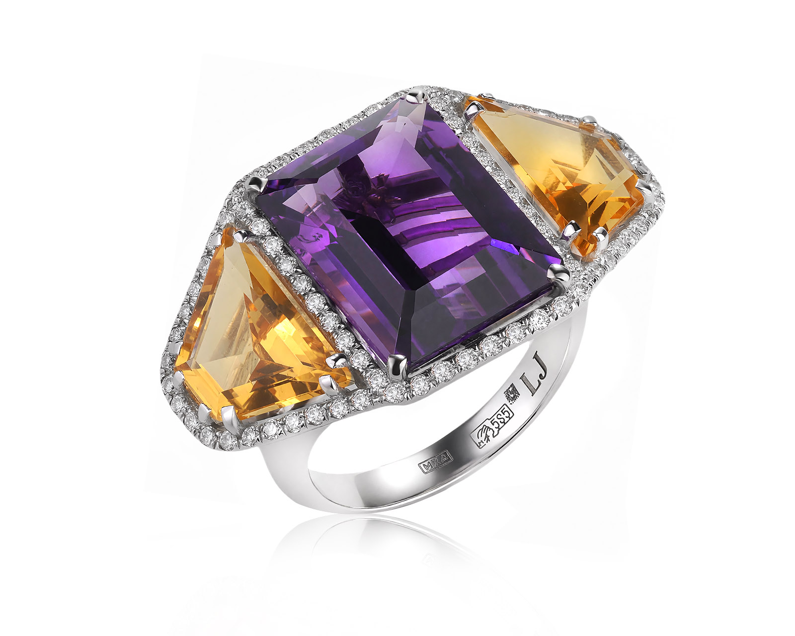 Оригинальное золотое кольцо с аметистом 10.72ct и цитринами 5.20ct Lykov`s Jewellery