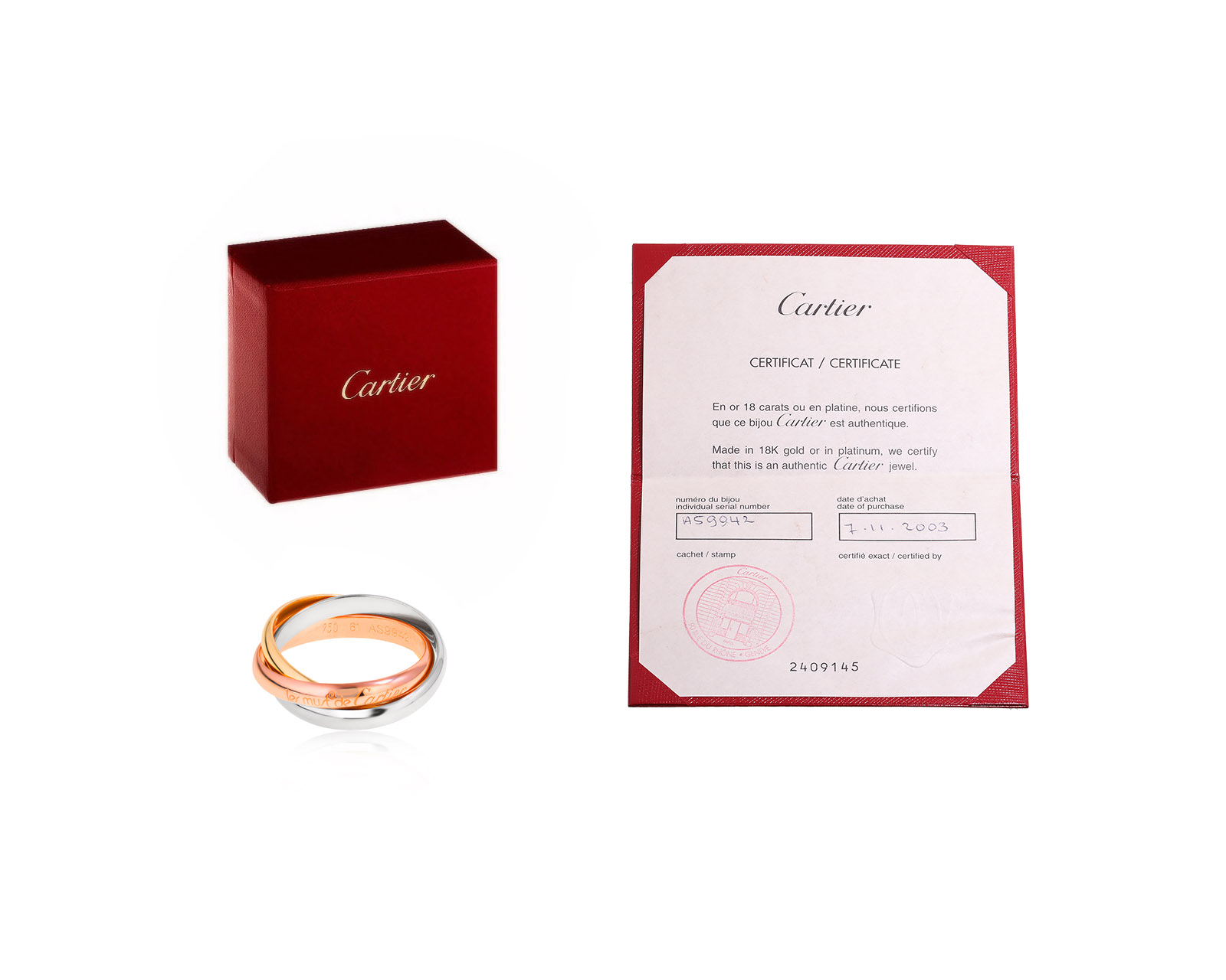Оригинальное золотое кольцо Cartier Trinity