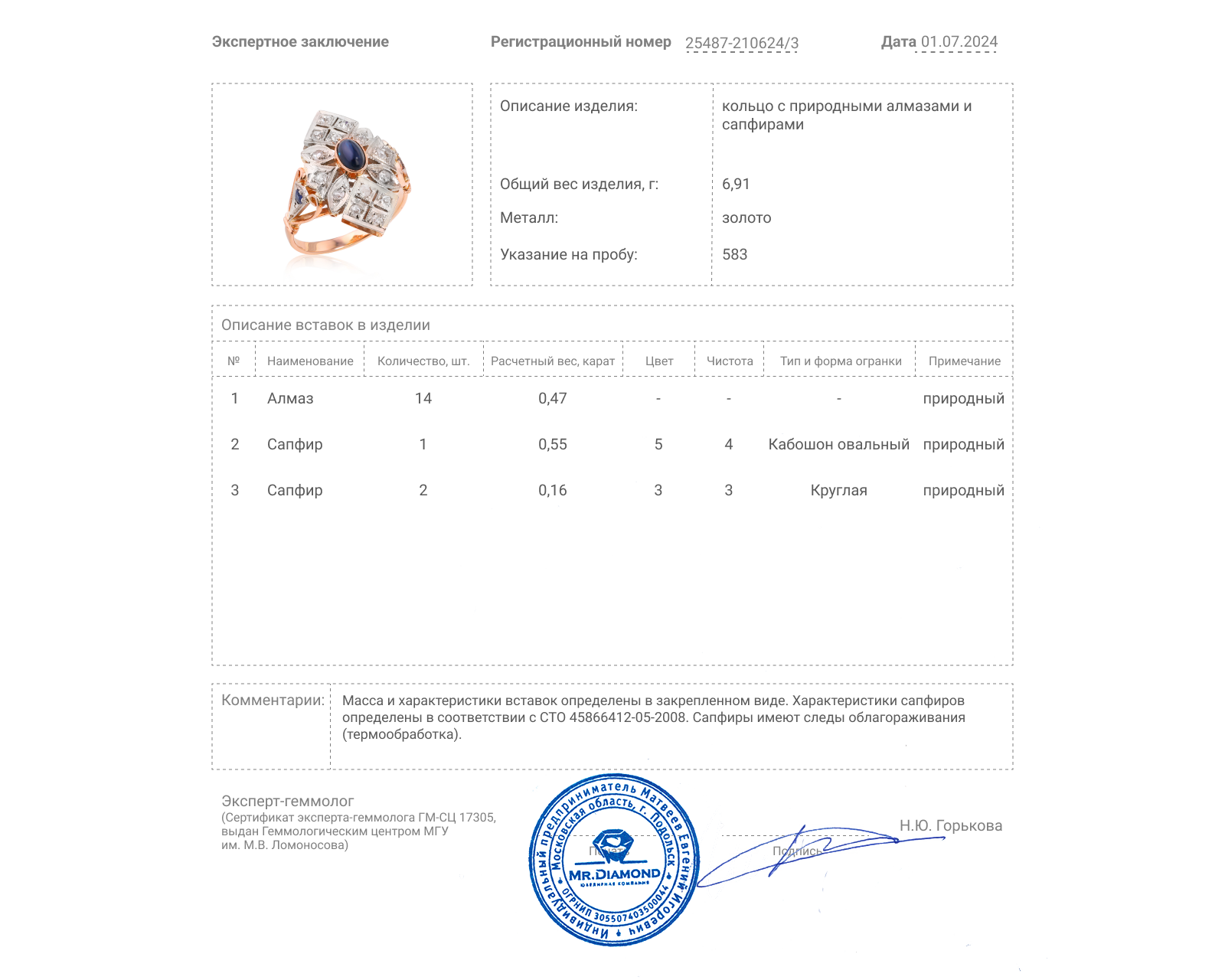 Золотое кольцо с сапфирами 0.71ct и алмазами 0.47ct СССР