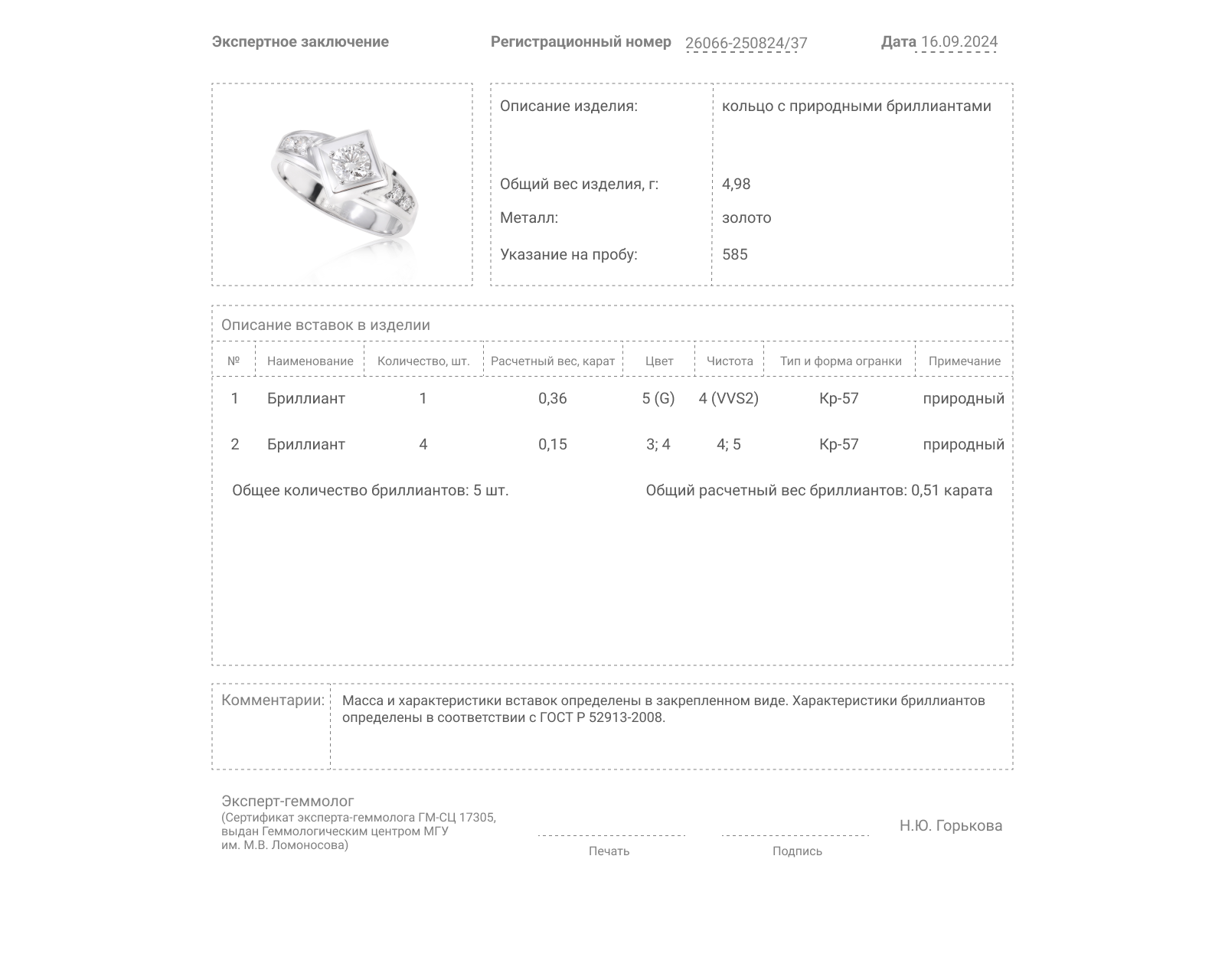 Золотое кольцо с бриллиантами 0.51ct