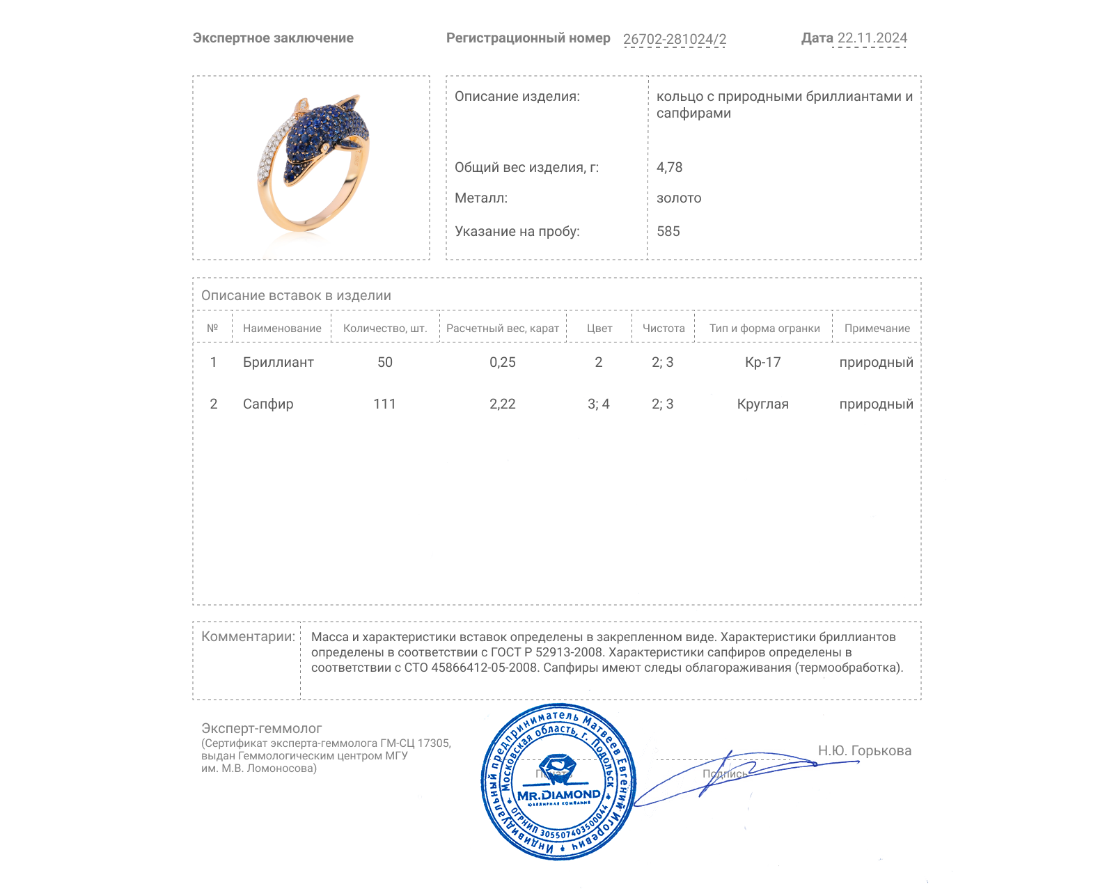 Золотое кольцо с сапфирами 2.22ct и бриллиантами 0.25ct