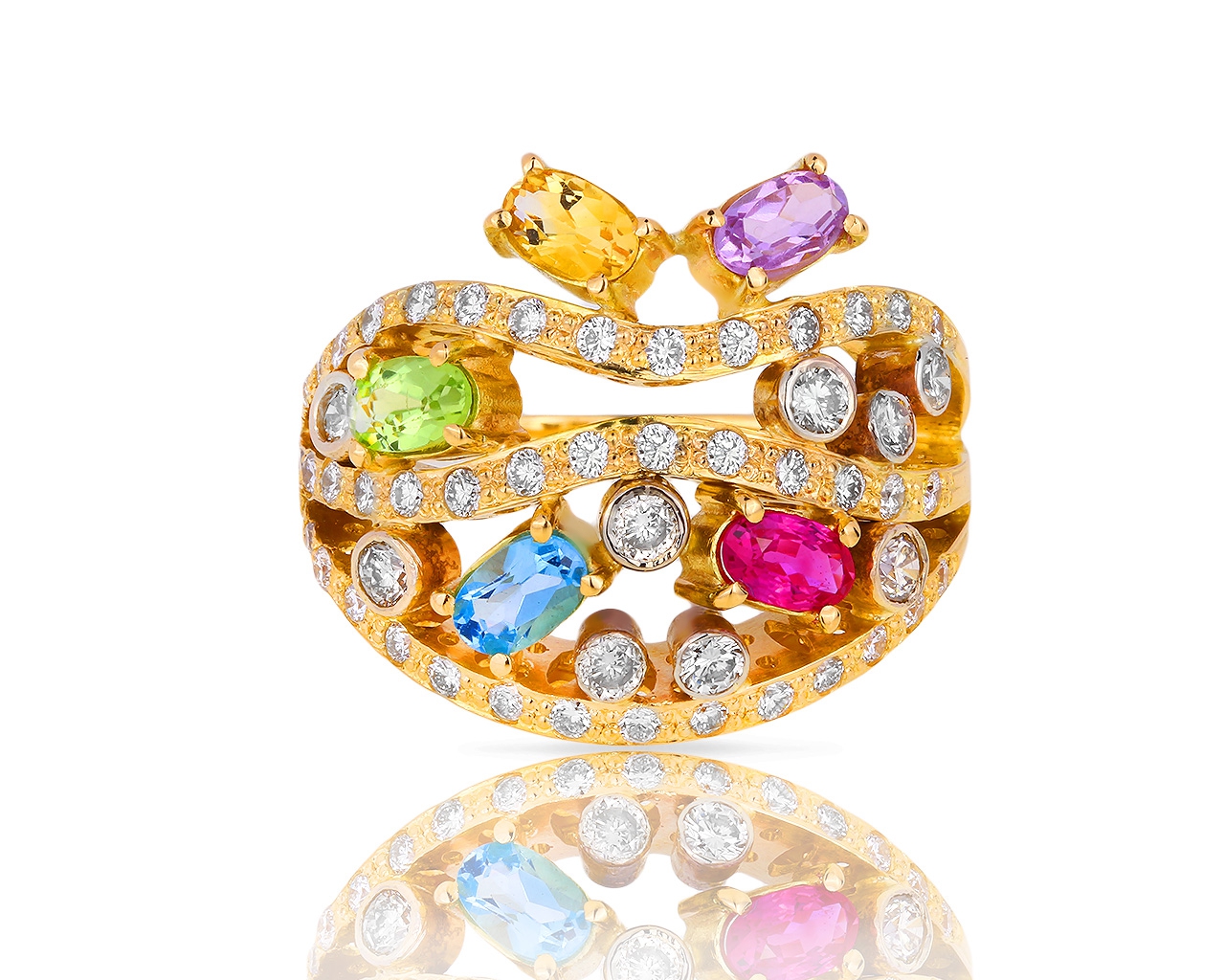 Яркое золотое кольцо с бриллиантами 1.01ct и цветными камнями