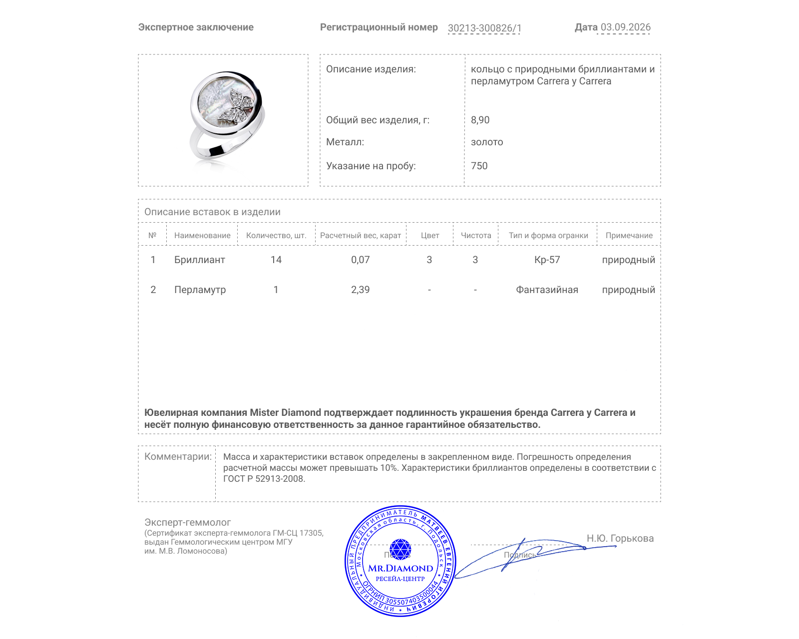 Оригинальное золотое кольцо с перламутром 2.39ct Carrera y Carrera Baile de Mariposas
