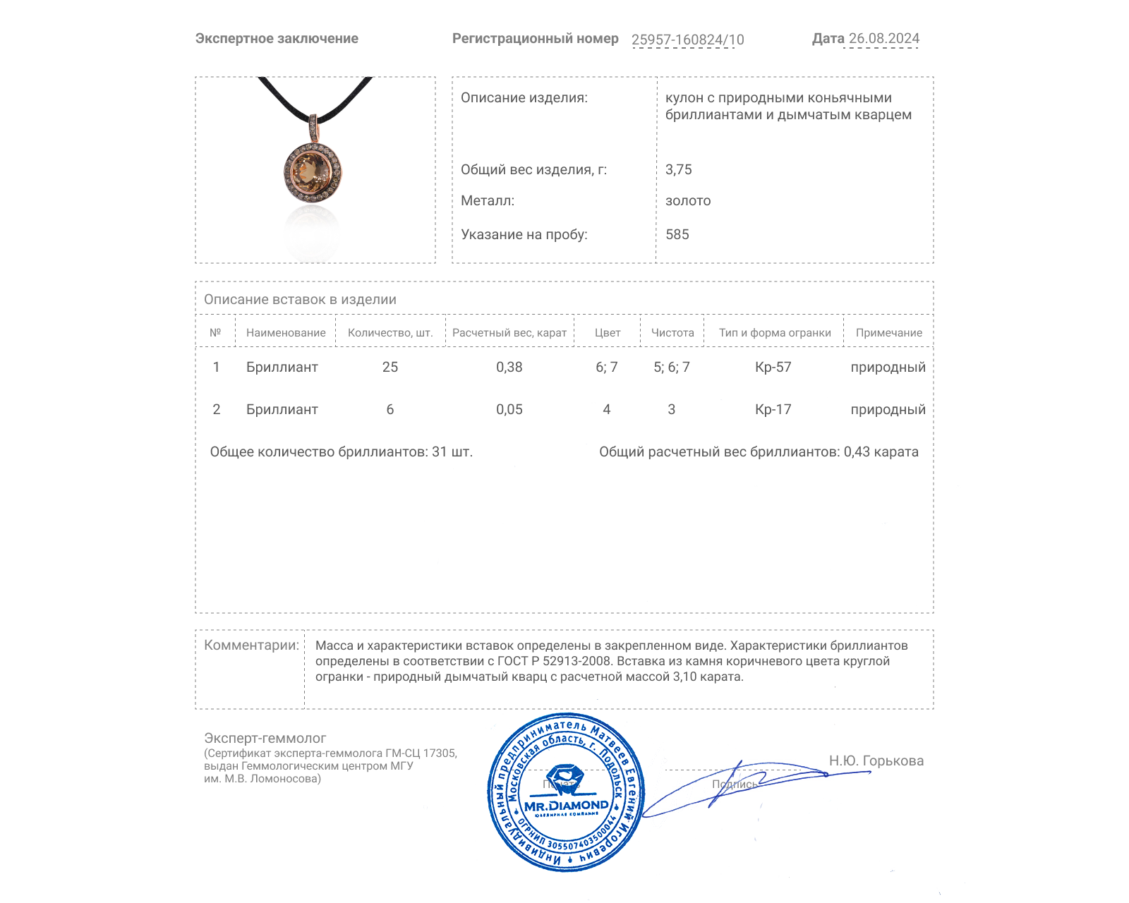 Золотой кулон с дымчатым кварцем 3.10ct