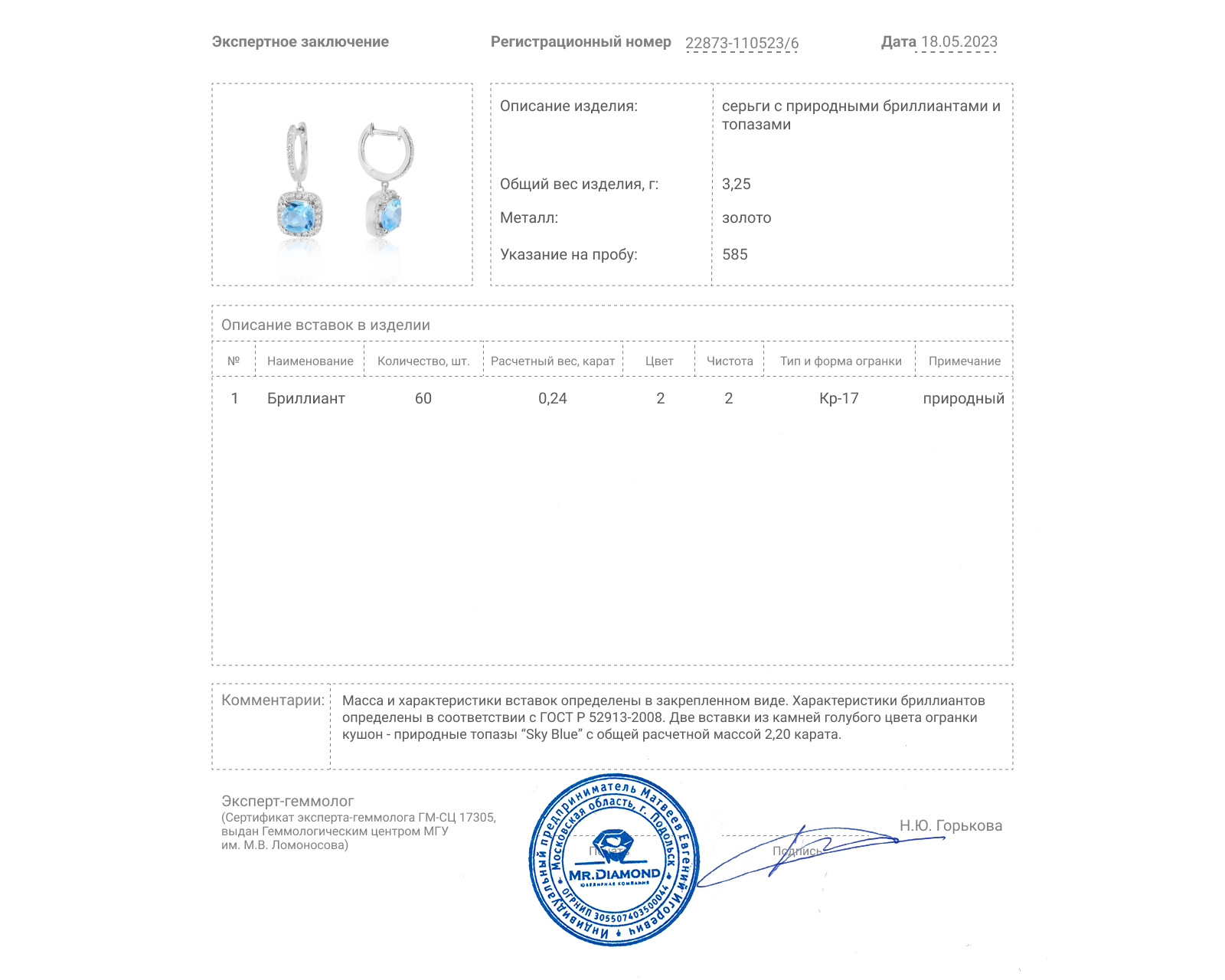 Эстетичные золотые серьги с топазами 2.20ct