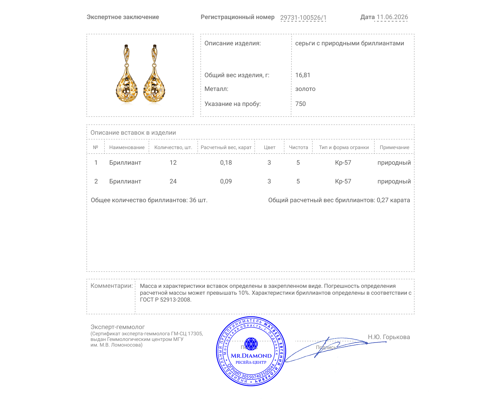 Золотые серьги с бриллиантами 0.27ct