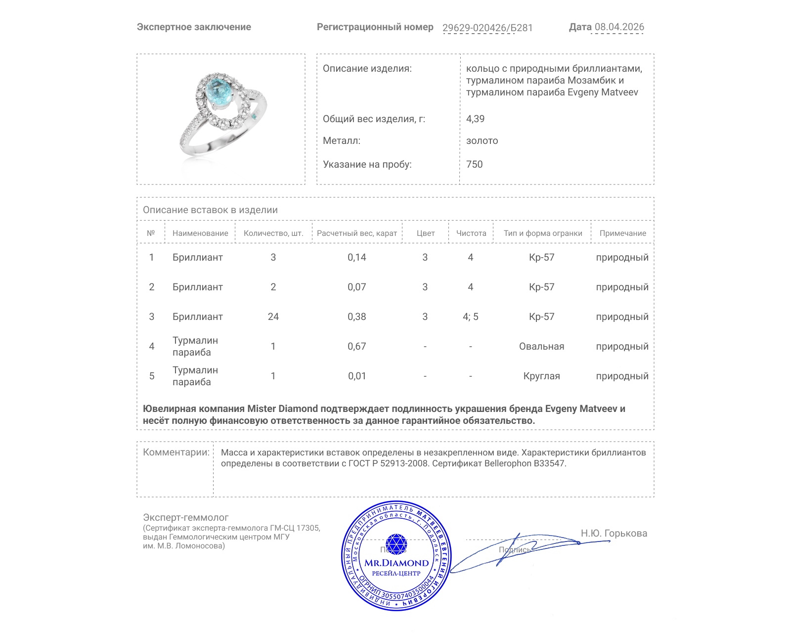 Золотое кольцо с турмалином параиба Мозамбик 0.67ct Evgeny Matveev