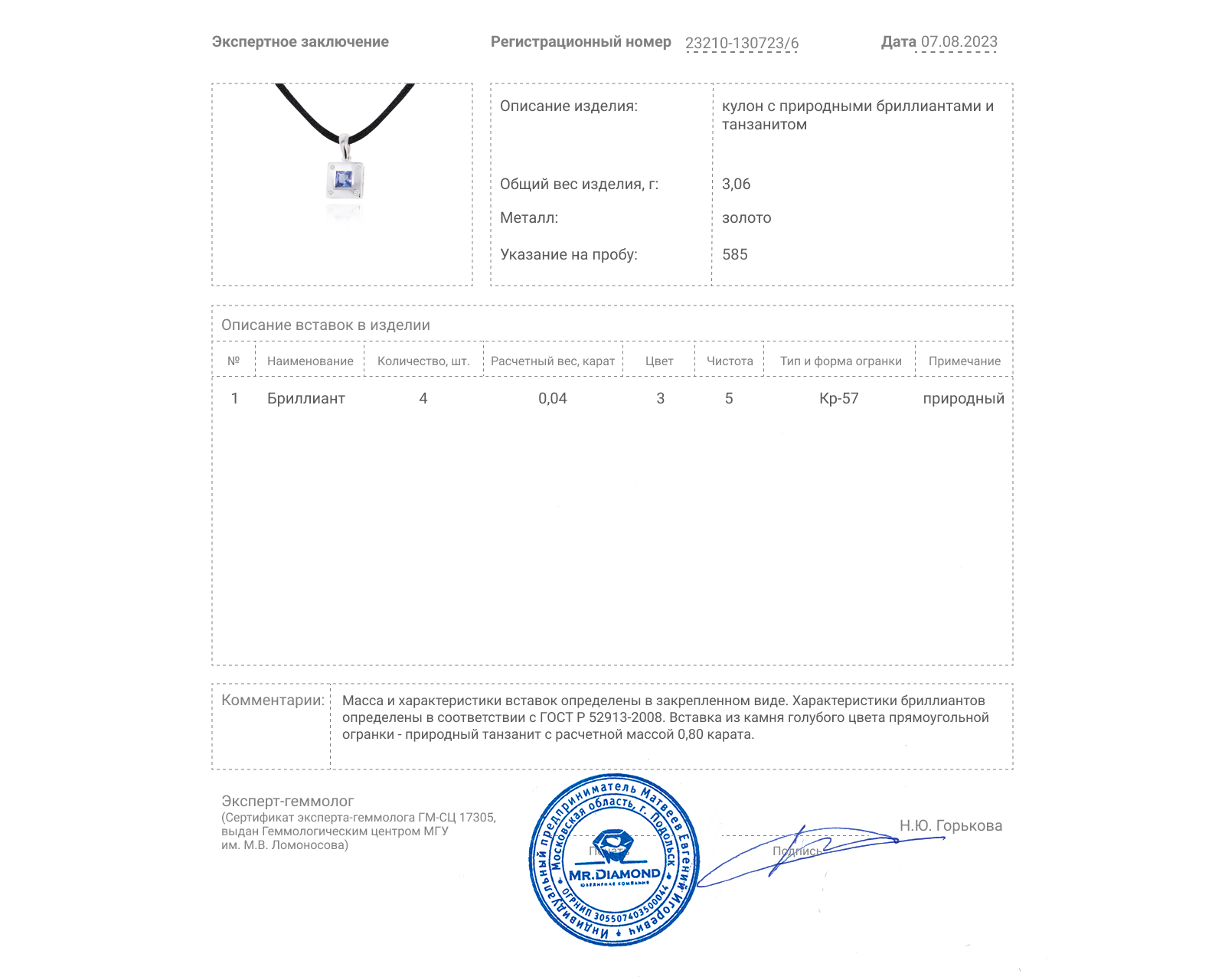 Золотой кулон с танзанитом 0.80ct