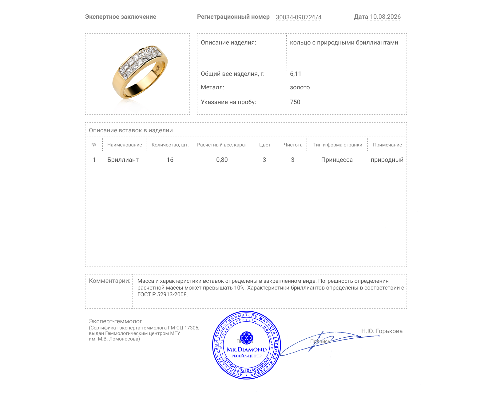 Золотое кольцо с бриллиантами 0.80ct
