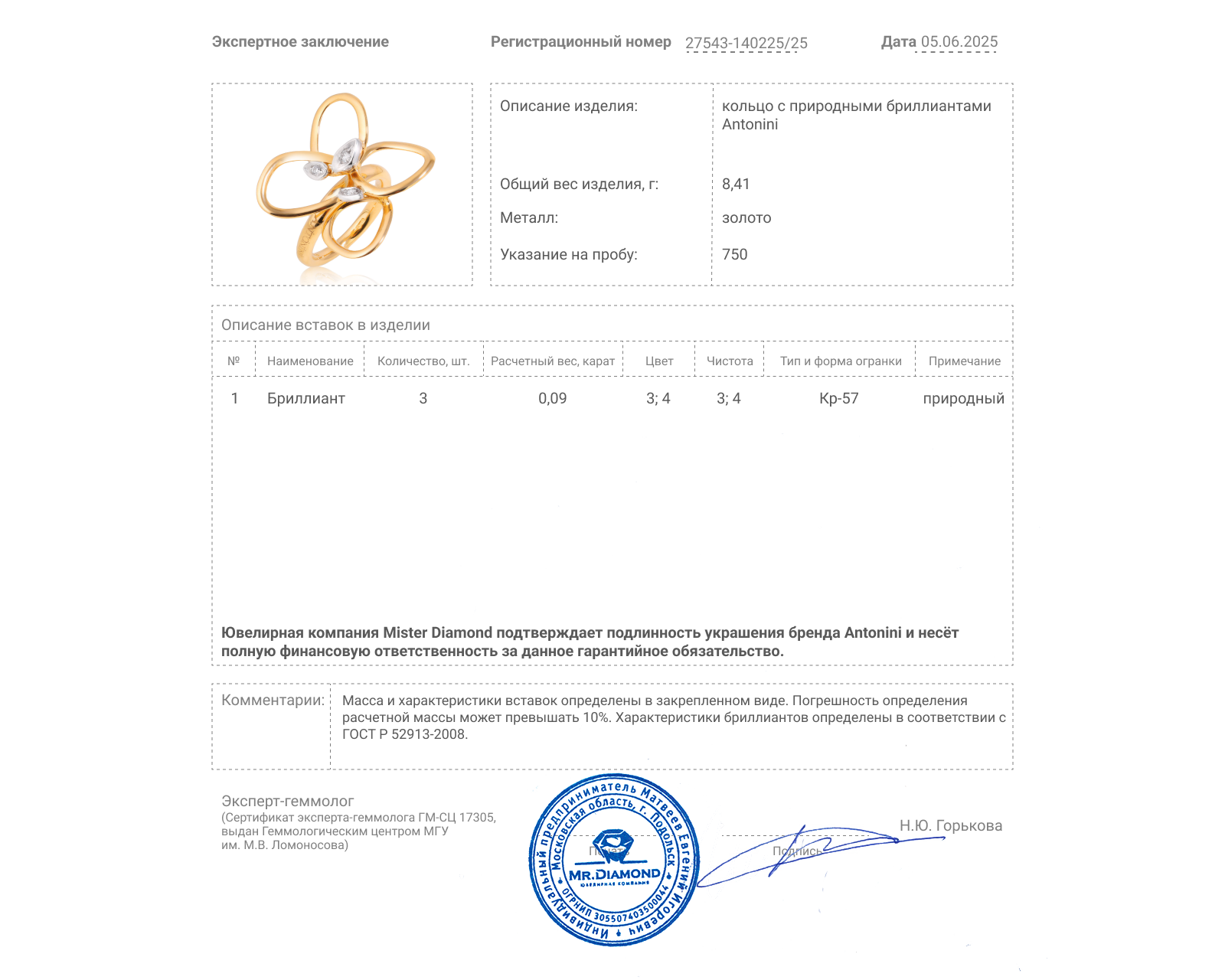 Оригинальное золотое кольцо с бриллиантами 0.09ct Antonini