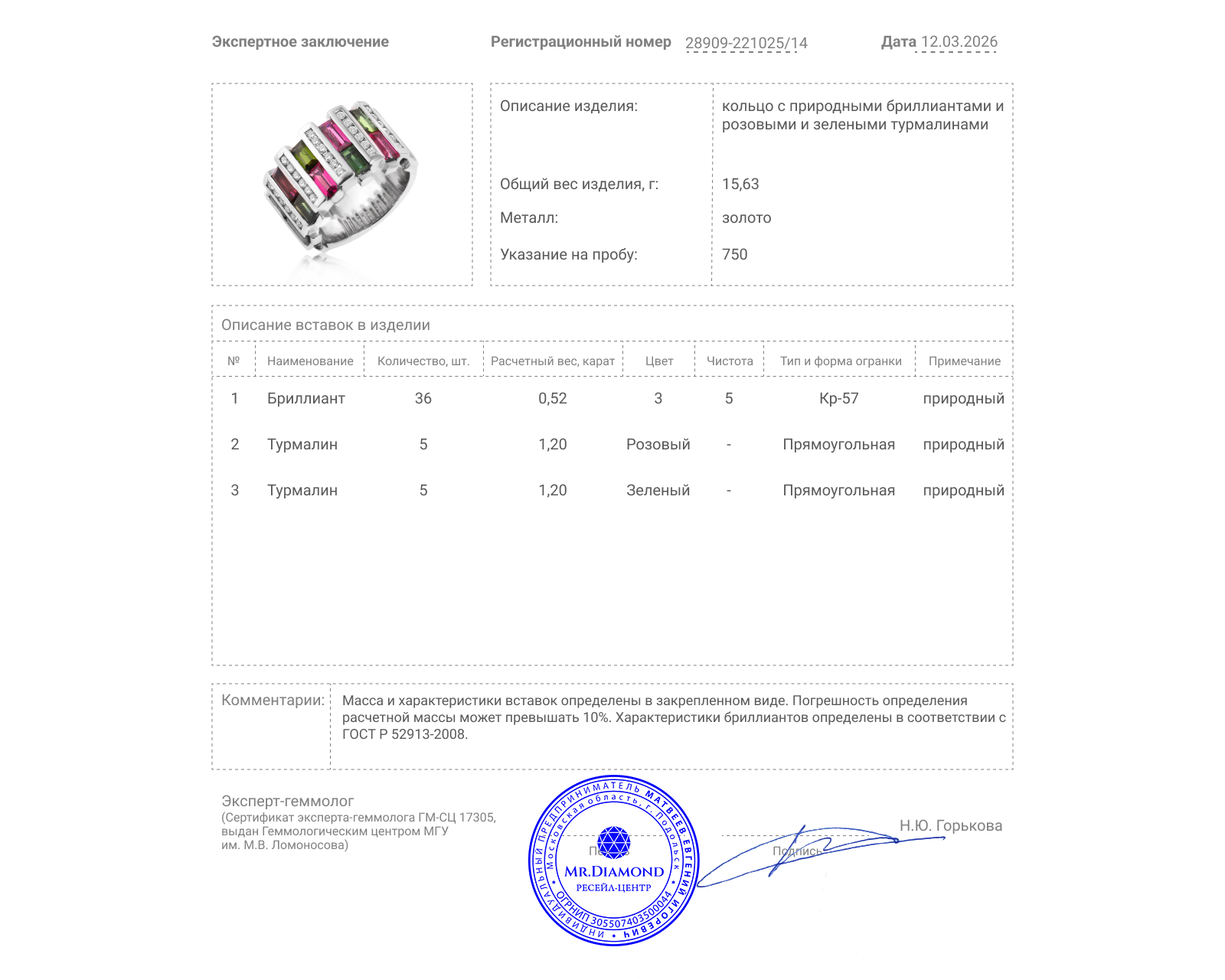 Золотое кольцо с турмалинами 2.40ct и бриллиантами 0.52ct