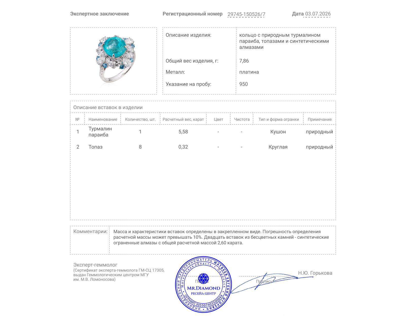 Платиновое кольцо с турмалином параиба 5.58ct и топазами 0.32ct