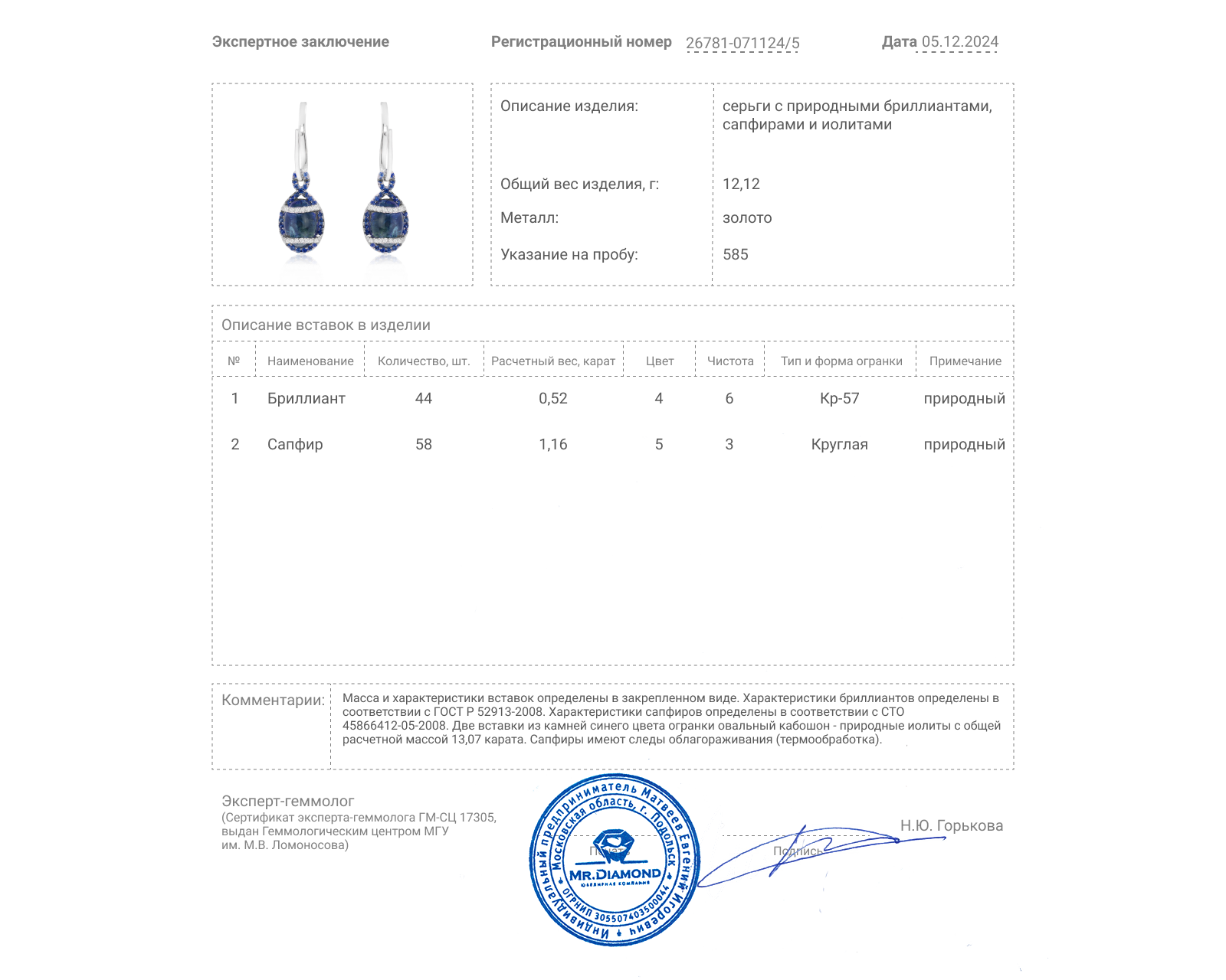 Золотые серьги с иолитами 13.07ct и сапфирами 1.16ct