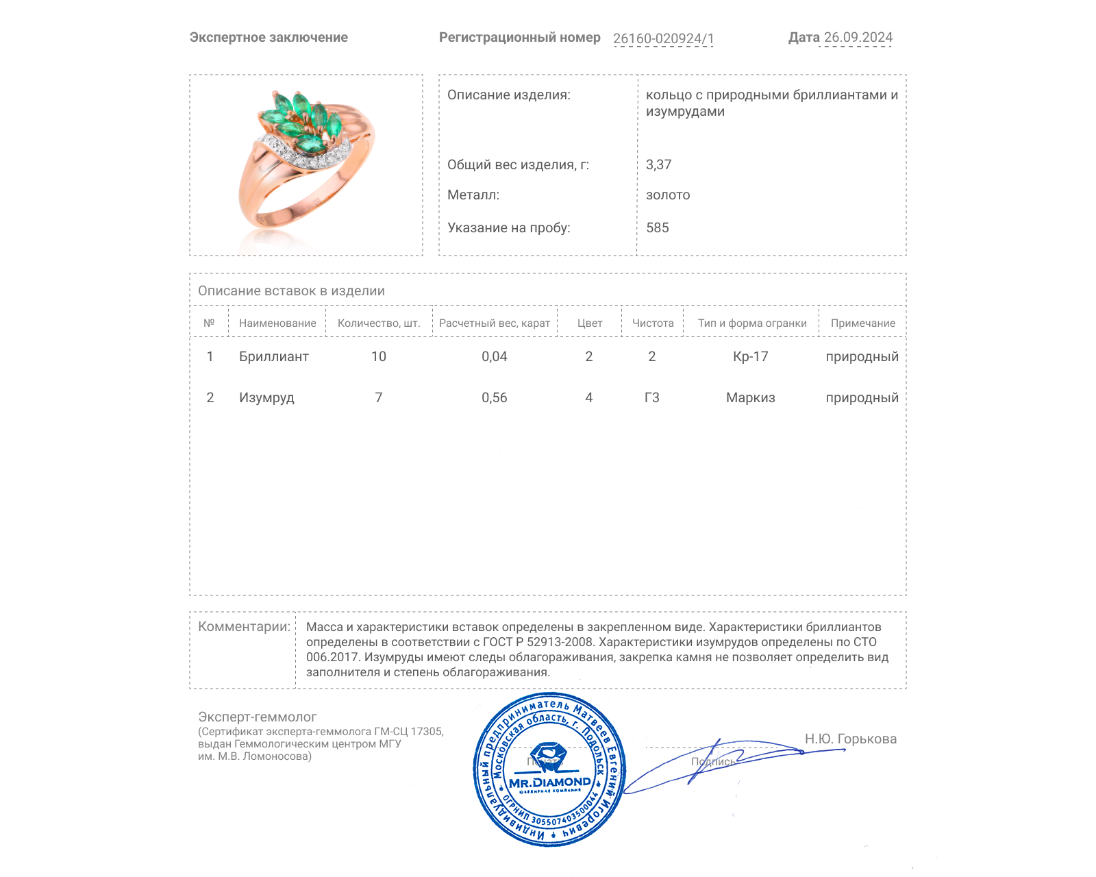 Золотое кольцо с изумрудами 0.56ct и бриллиантами 0.04ct
