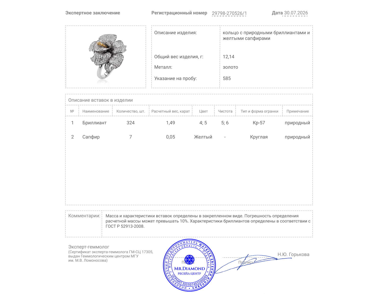 Золотое кольцо с бриллиантами 1.49ct и сапфирами 0.05ct