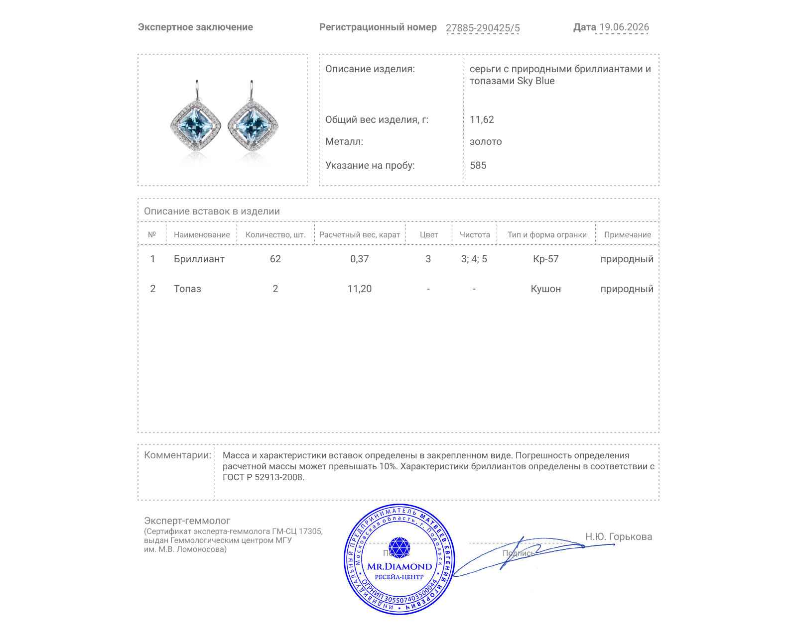 Золотые серьги с бриллиантами 0.37ct и топазами 11.20ct