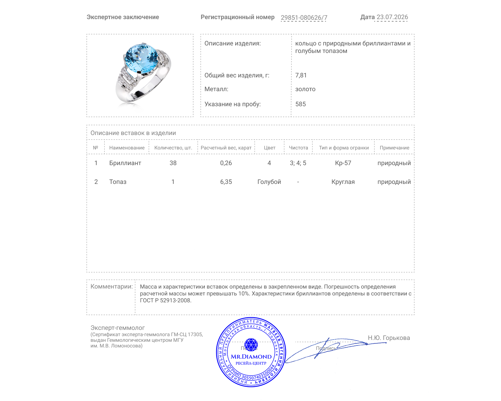 Золотое кольцо с топазом 6.35ct и бриллиантами 0.26ct