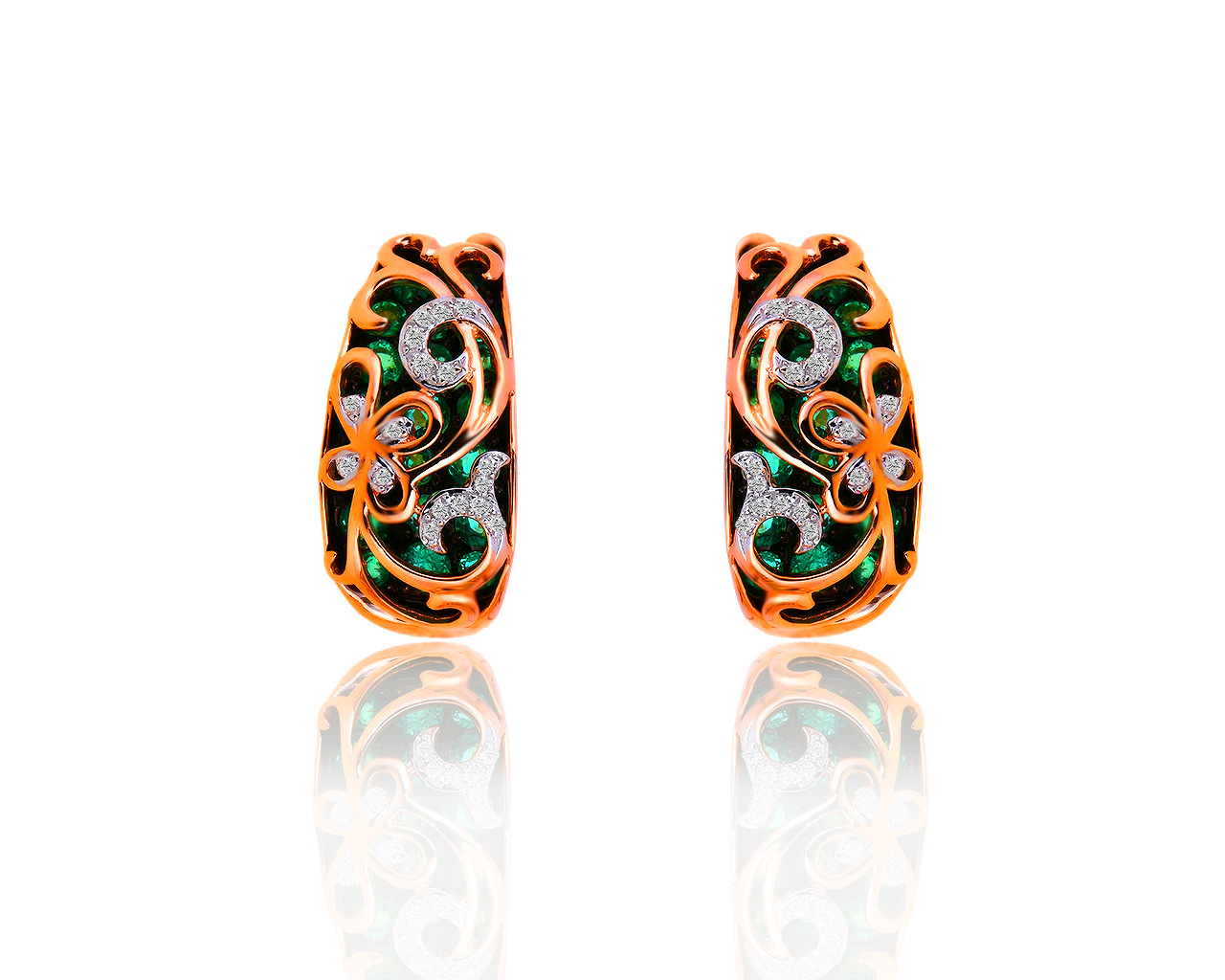 Золотые серьги с бриллиантами 0.07ct и изумрудами 1.31ct 180519/30