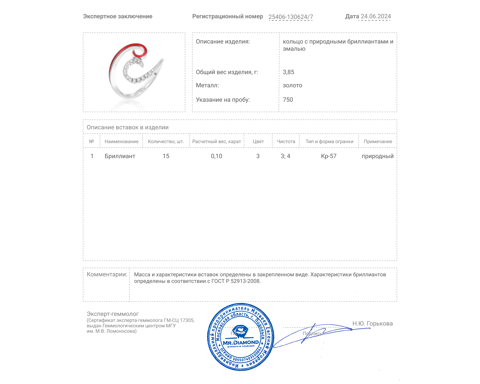 Золотое кольцо с эмалью и бриллиантами 0.10ct