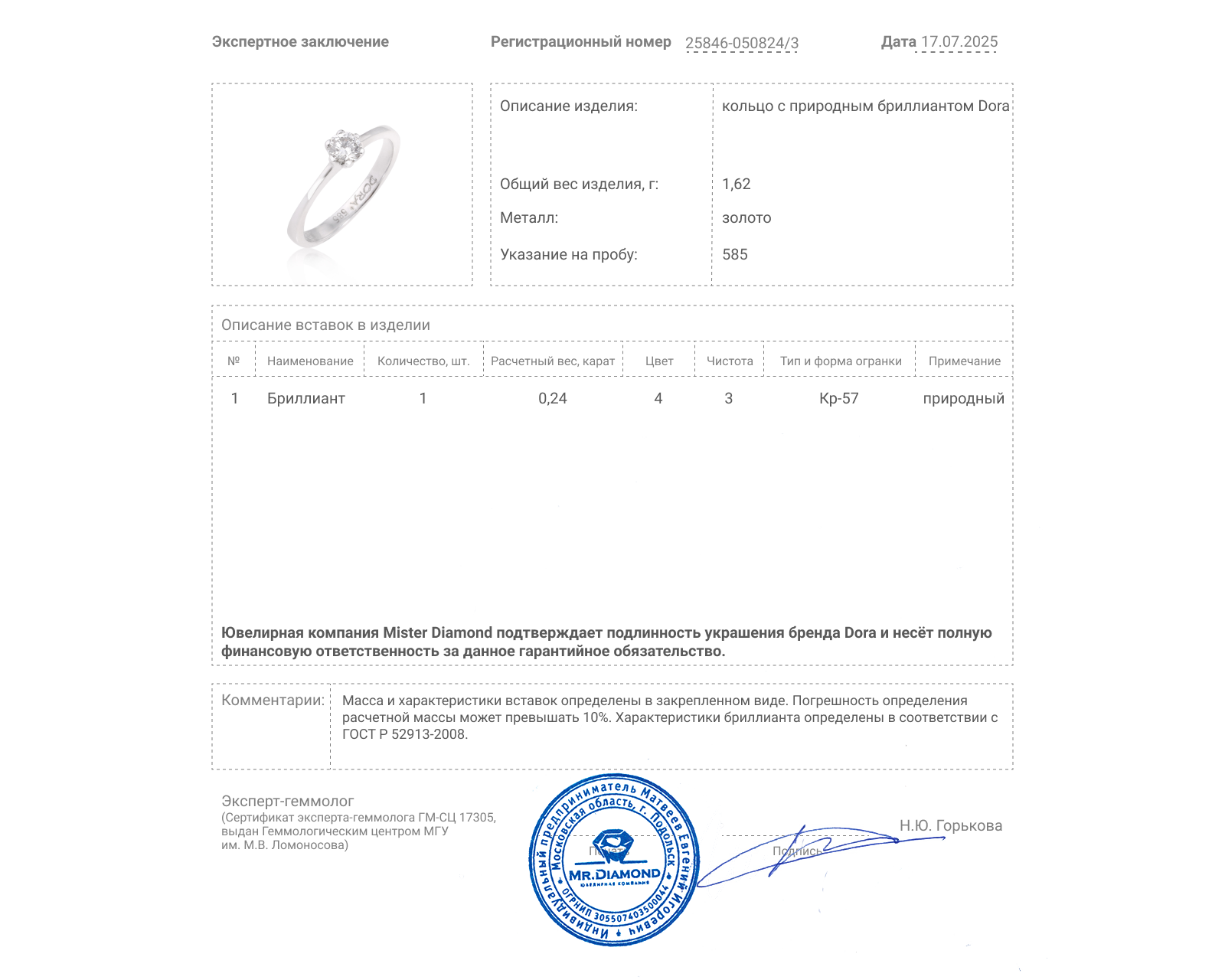 Оригинальное золотое кольцо с бриллиантом 0.24ct Dora