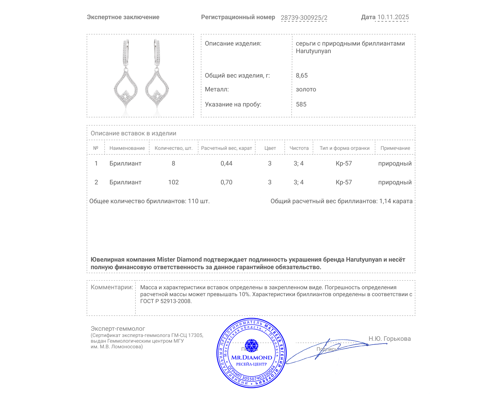 Оригинальные золотые серьги с бриллиантами 1.14ct Harutyunyan
