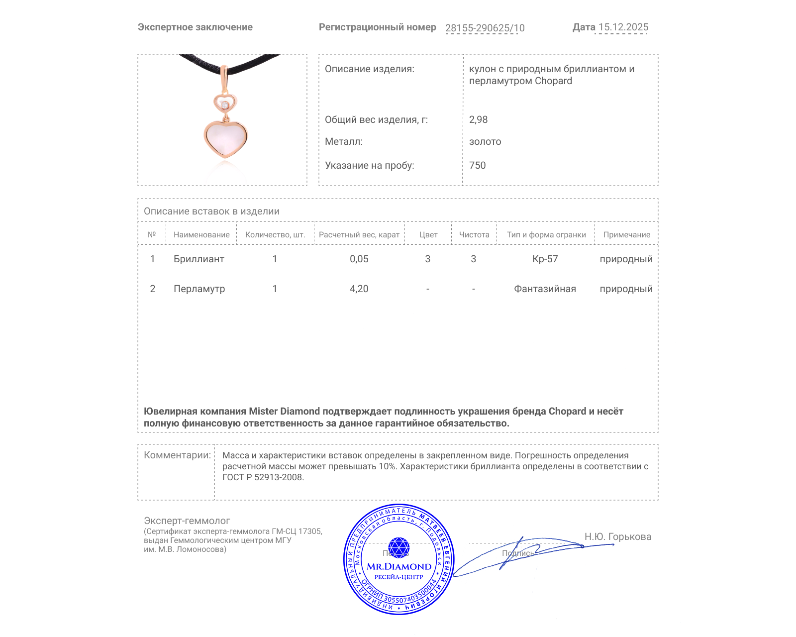 Оригинальный золотой кулон с перламутром 4.20ct Chopard Happy Hearts