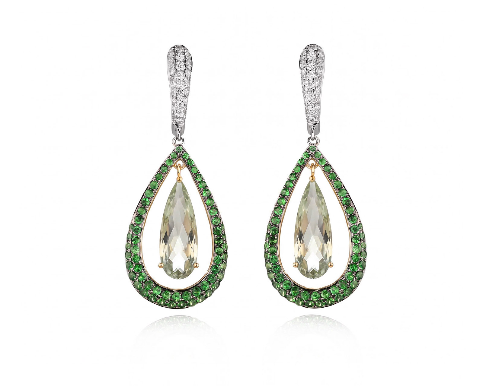 Золотые серьги с празиолитами 3.02ct и тсаворитами 2.14ct 080626/13