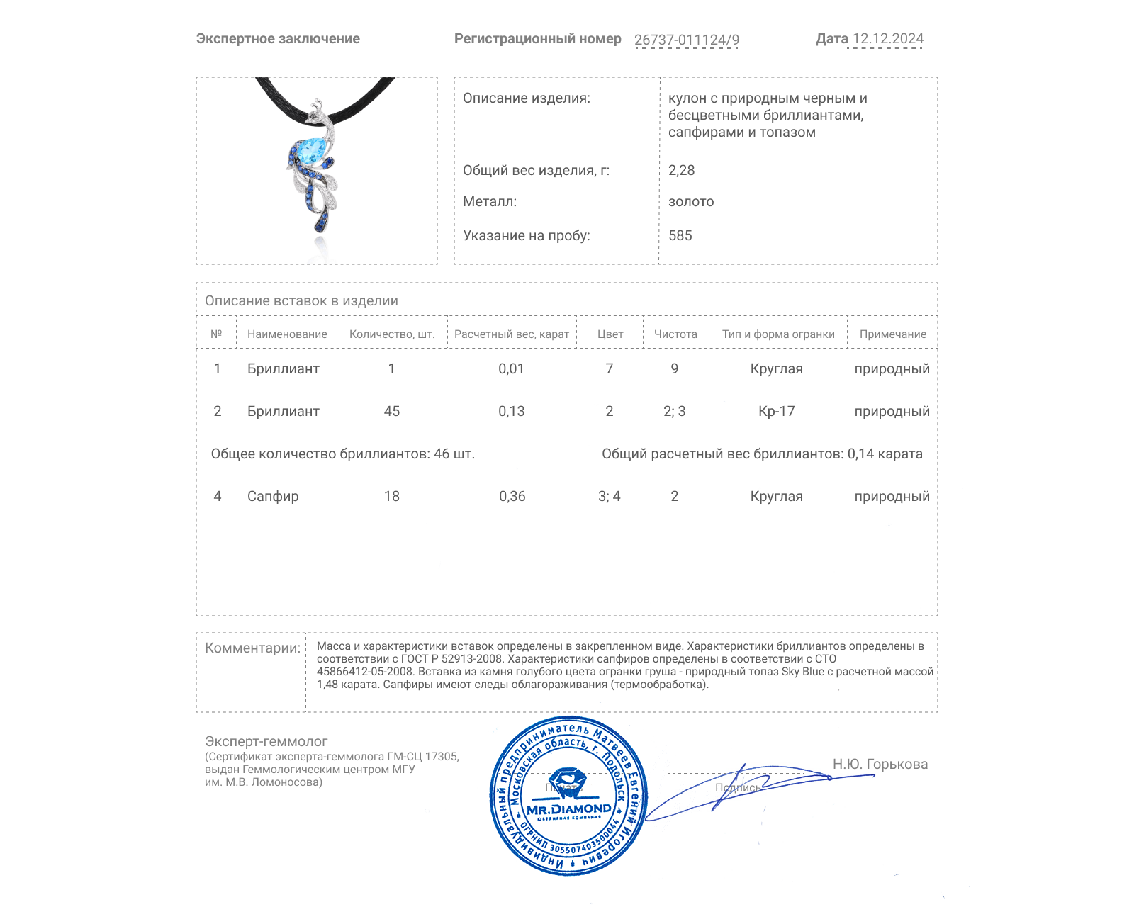 Золотой кулон с топазом 1.48ct и сапфирами 0.36ct