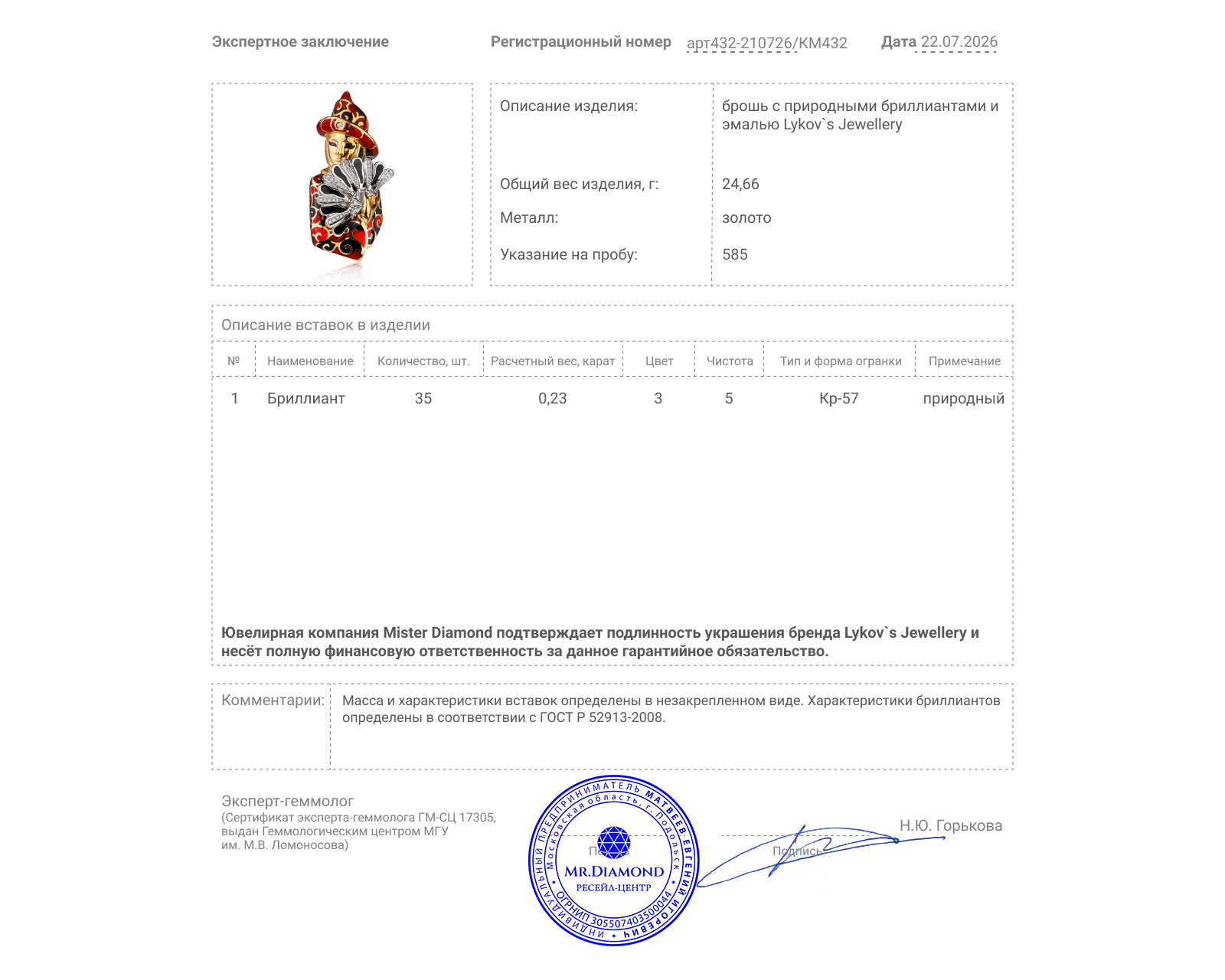 Оригинальная золотая брошь с бриллиантами 0.23ct Lykov`s Jewellery