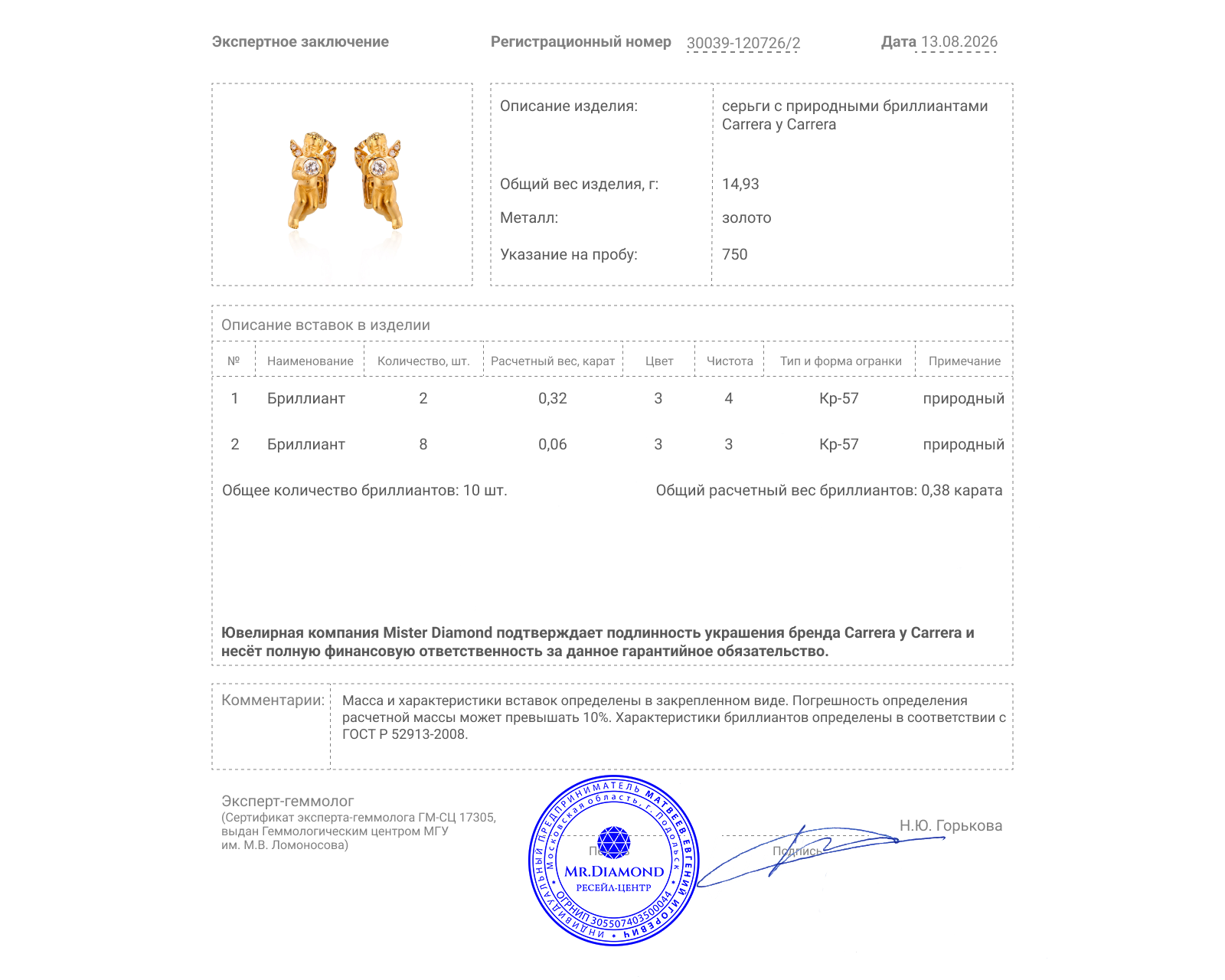 Оригинальные золотые серьги с бриллиантами 0.38ct Carrera y Carrera My Angel
