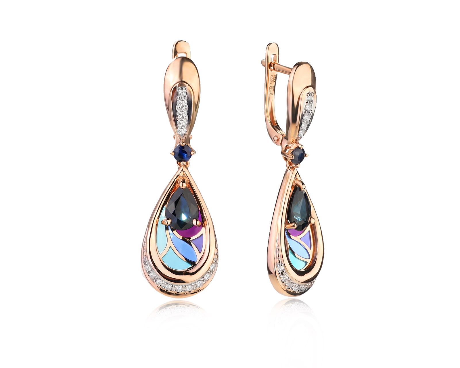 Золотые серьги с сапфирами 2.16ct и бриллиантами 0.11ct