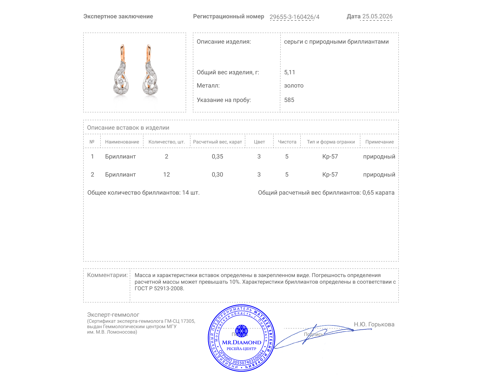 Золотые серьги с бриллиантами 0.65ct СССР