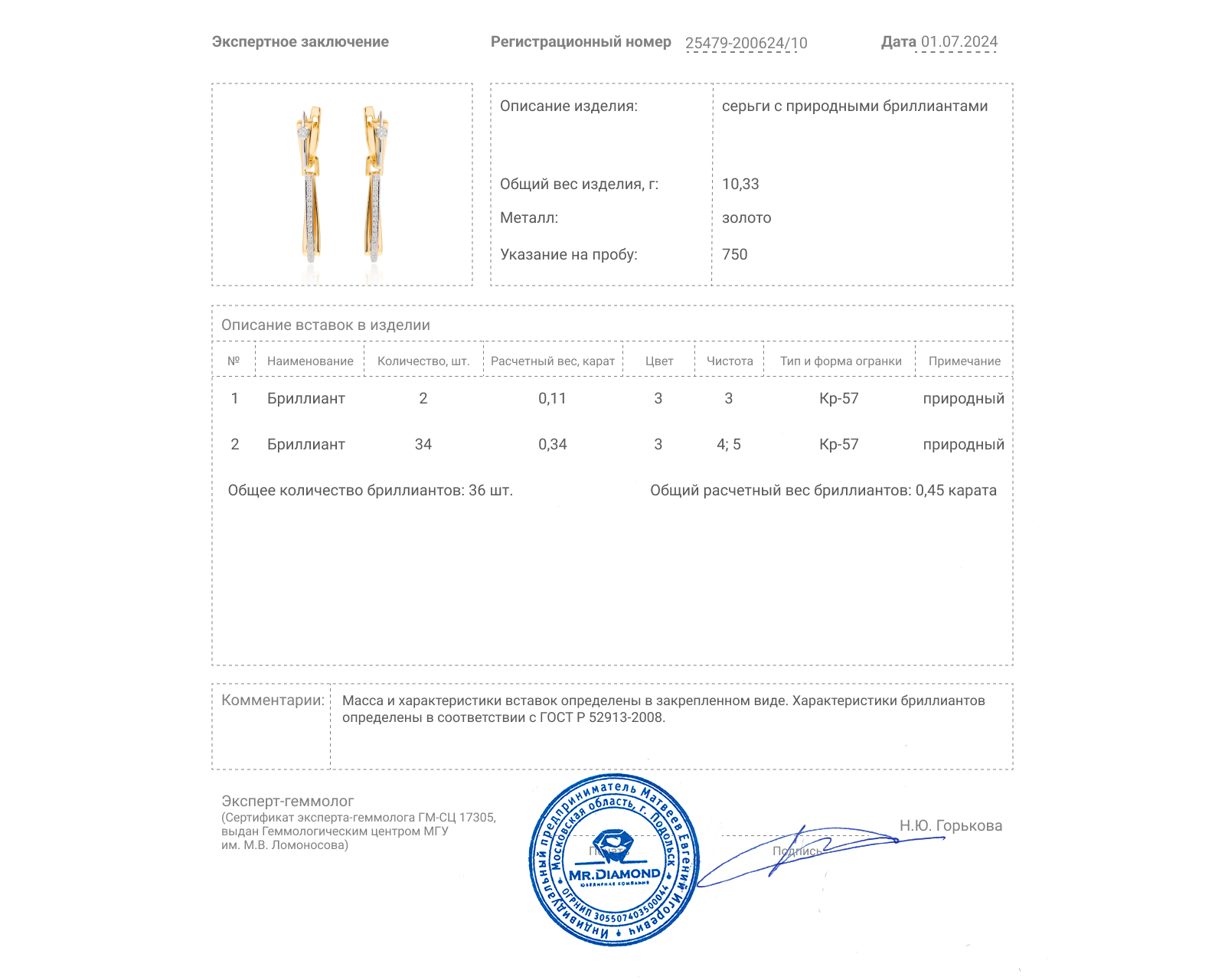 Золотые серьги с бриллиантами 0.45ct