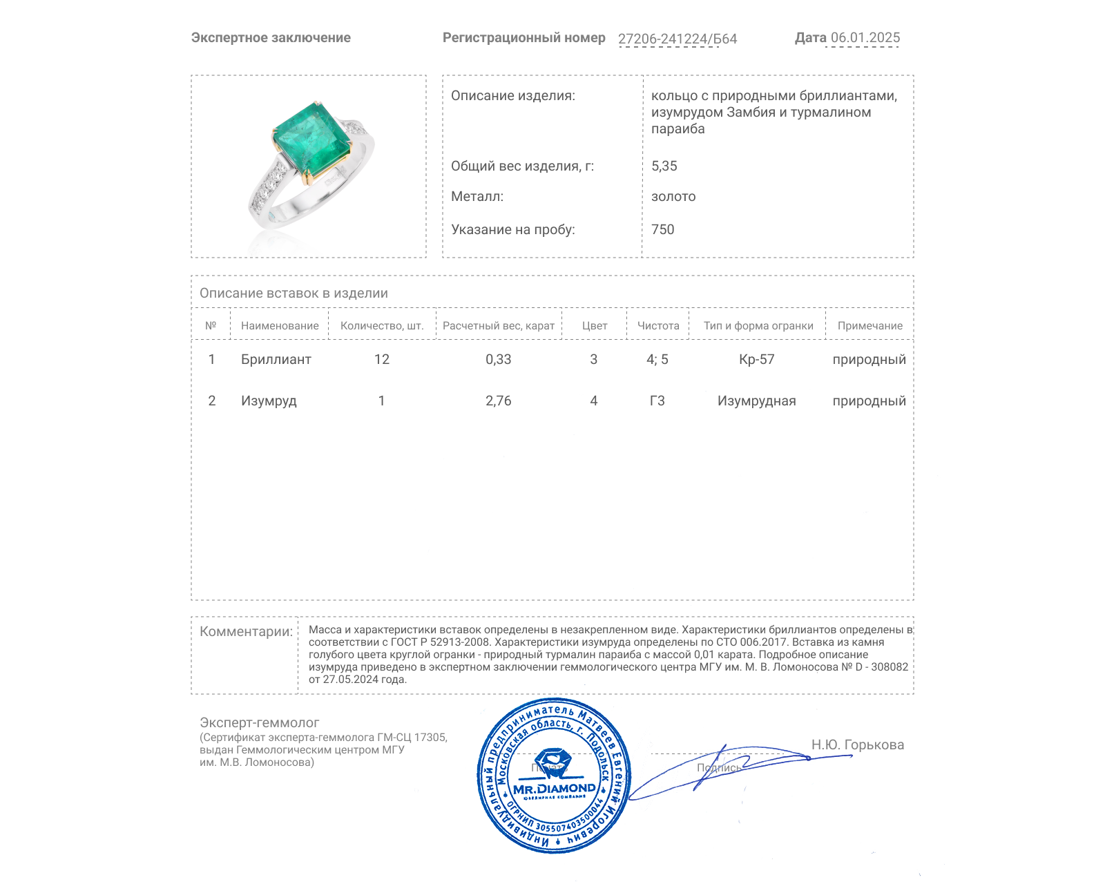 Золотое кольцо с изумрудом Замбия 2.76ct Evgeny Matveev