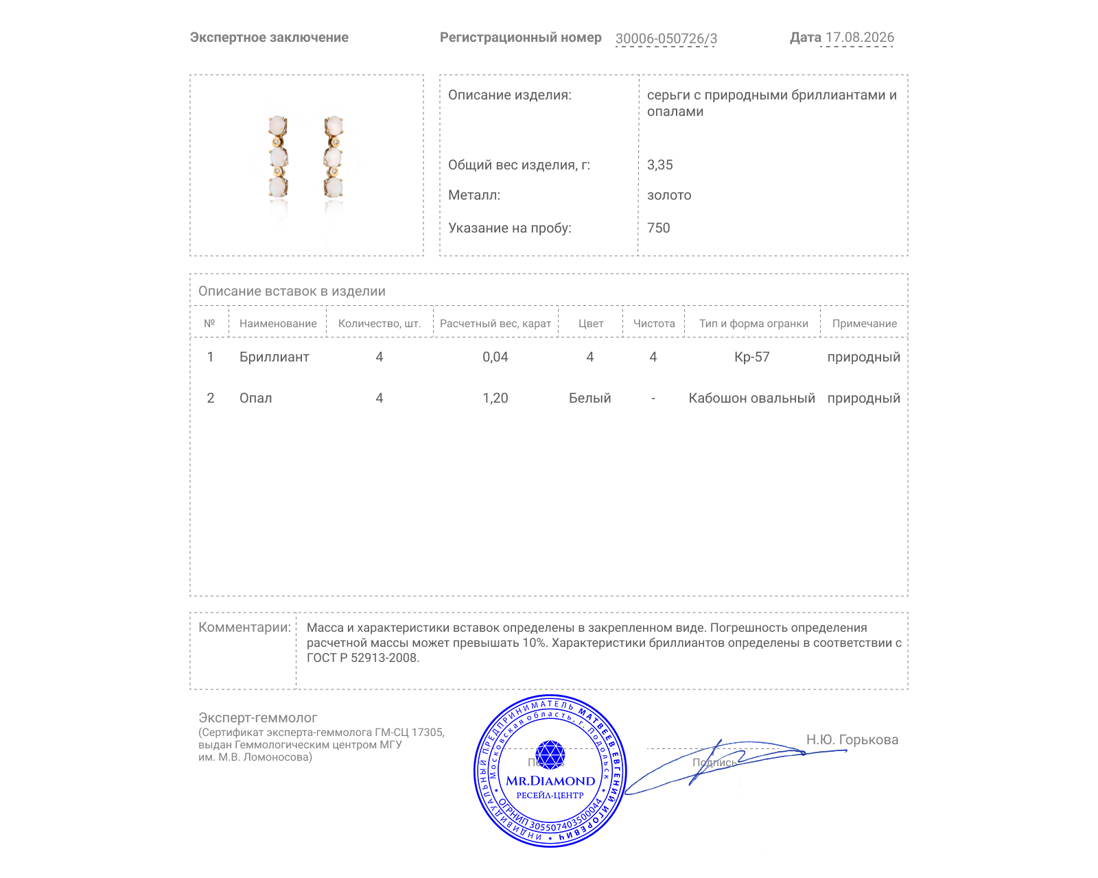 Золотые серьги с опалами 1.20ct и бриллиантами 0.04ct