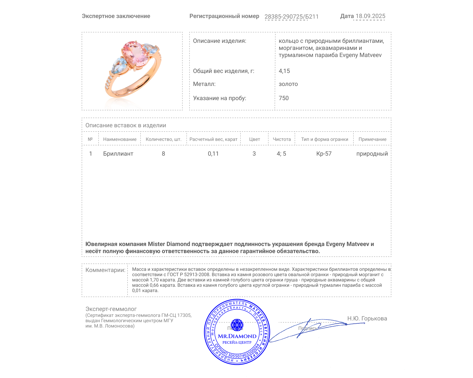 Золотое кольцо с морганитом 1.70ct и аквамаринами 0.66ct Evgeny Matveev