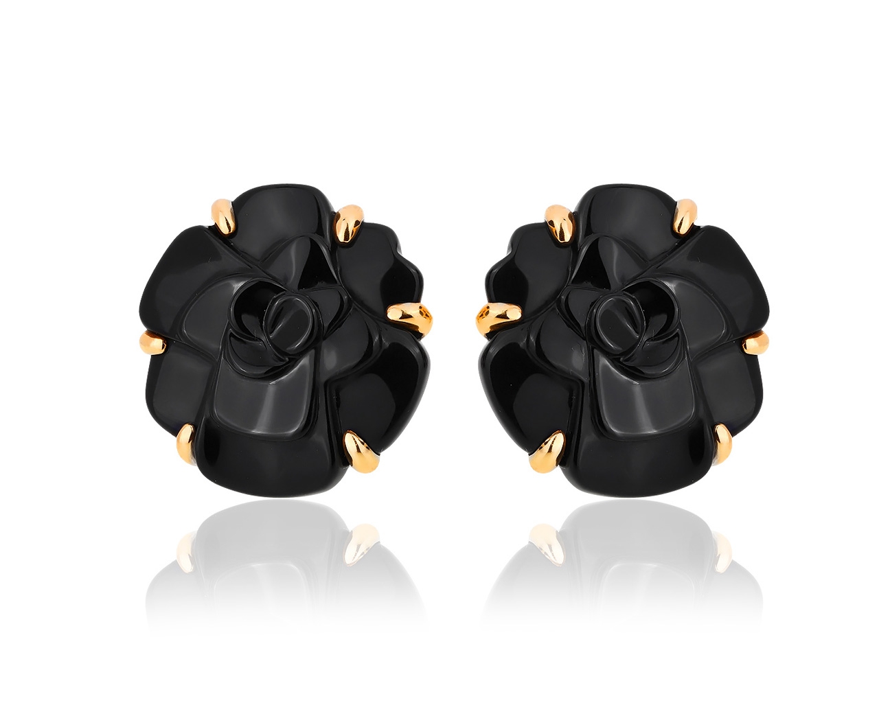Оригинальные золотые серьги с ониксом Chanel Camellia 181118/7